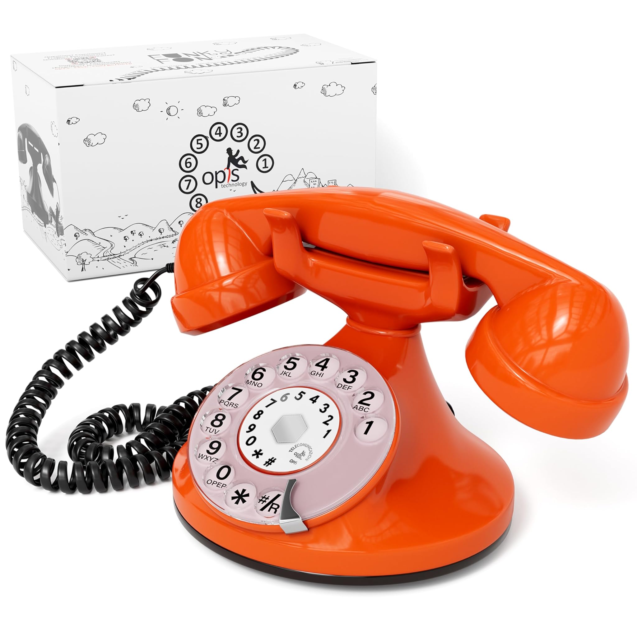 OPIS FunkyFon Cable - Telefono Fisso Vintage con Disco, Arancio