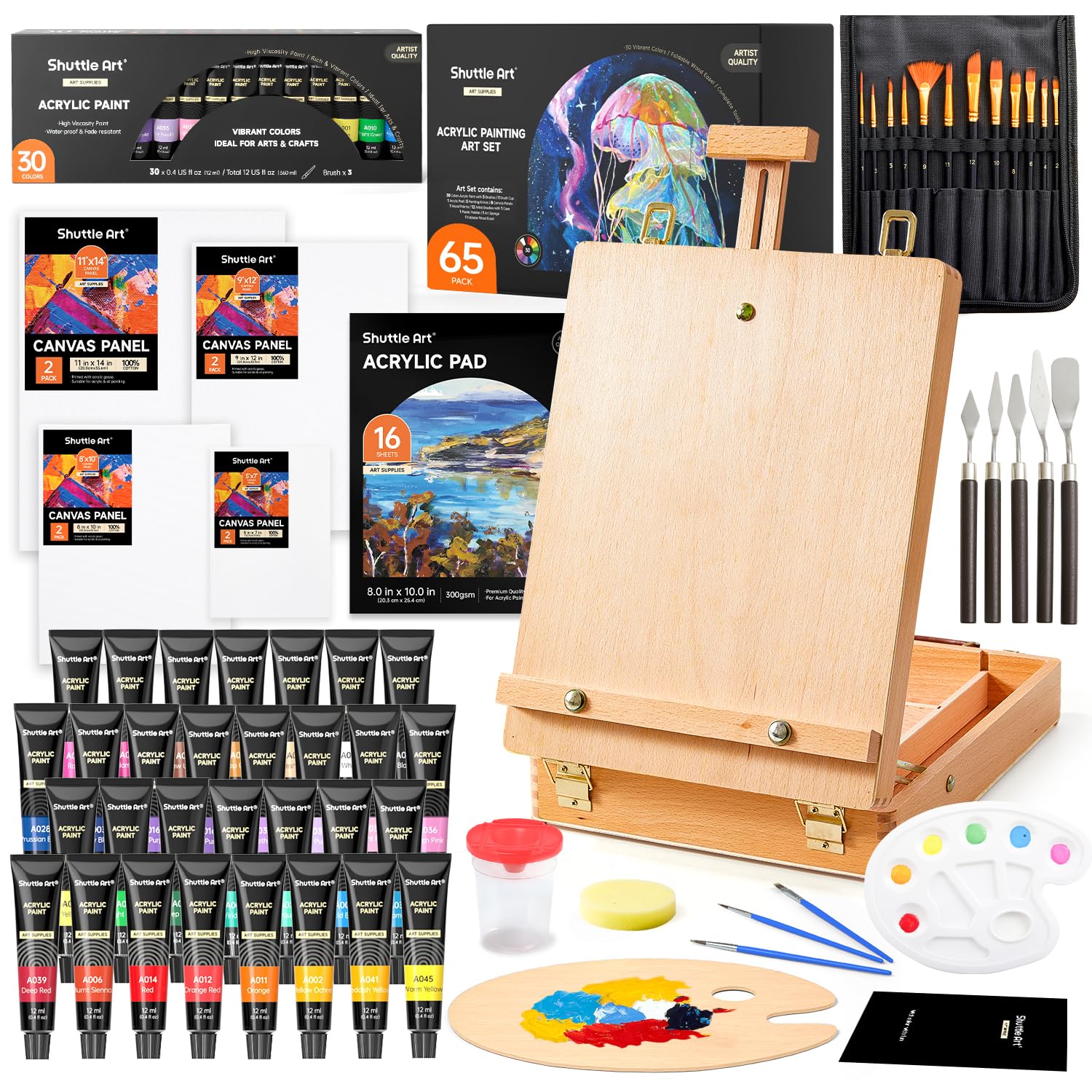 Shuttle Art - Set 65 colori acrilici con cavalletto in legno