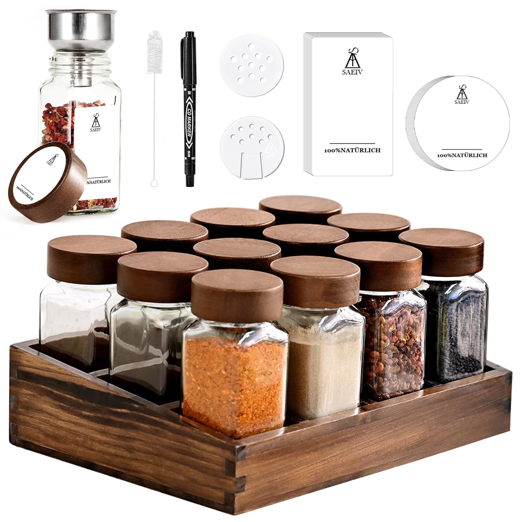 Saeiv Porta Spezie in Legno con Barattoli Quadrati (12x120ml)