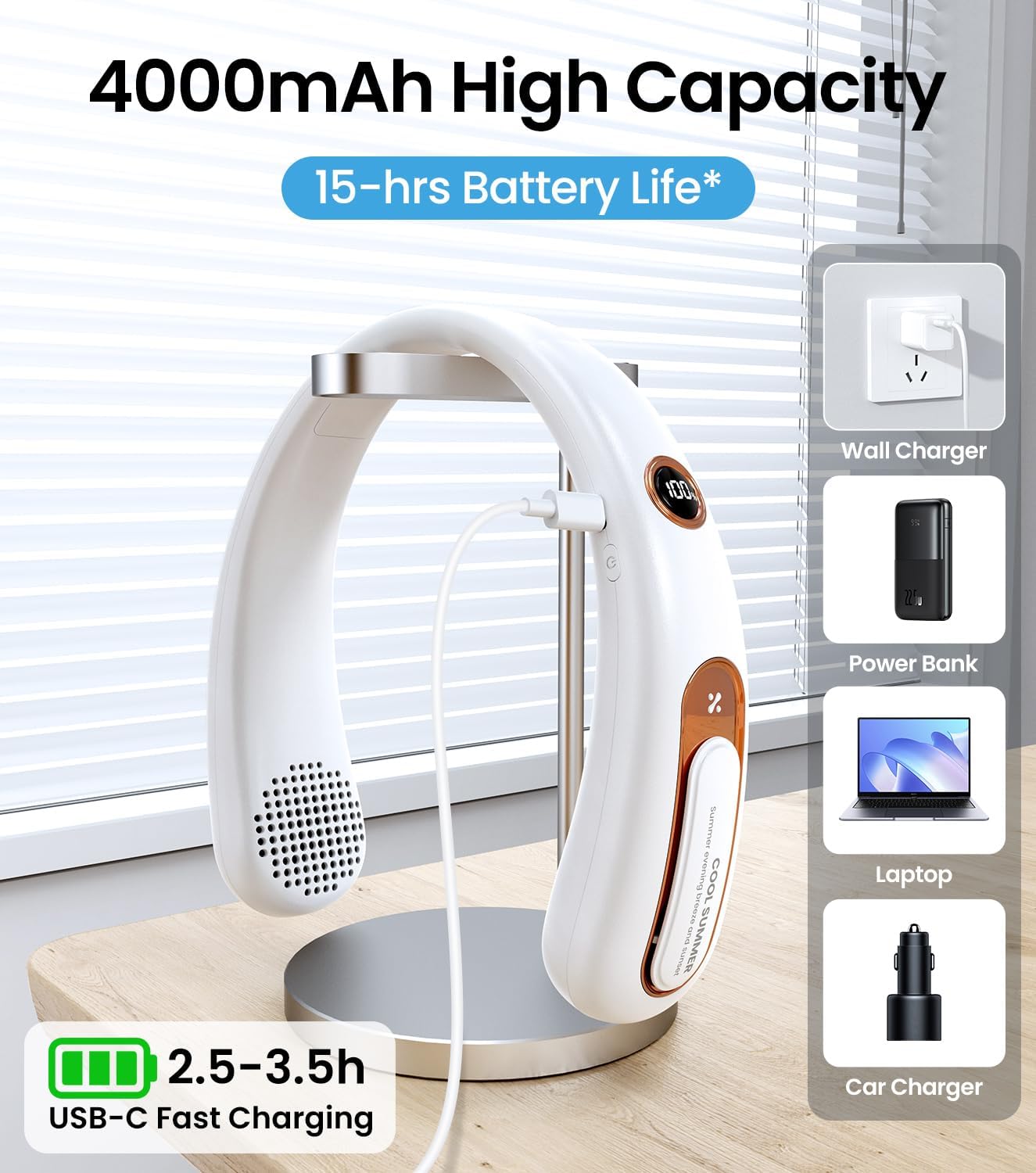 Ventilatore da Collo USB Ricaricabile 4000mAh, Bianco - immagine 4