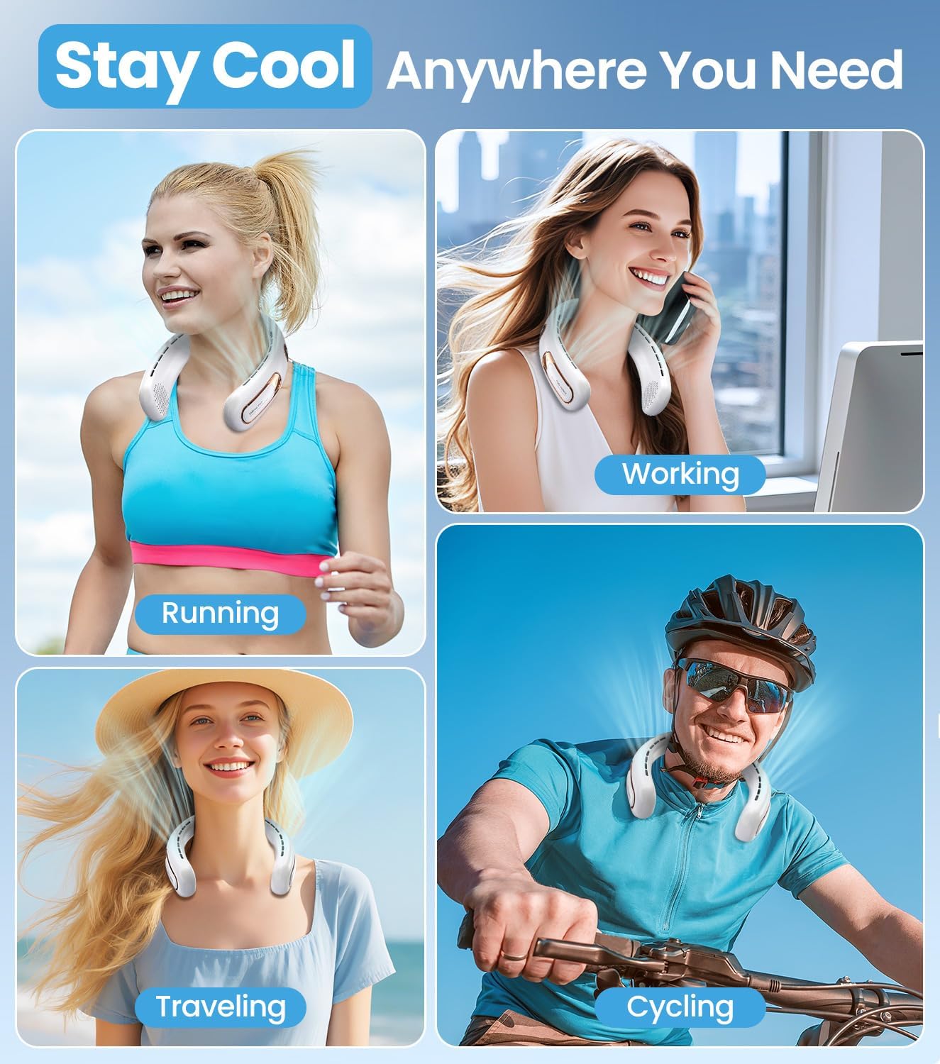 Ventilatore da Collo USB Ricaricabile 4000mAh, Bianco - immagine 6