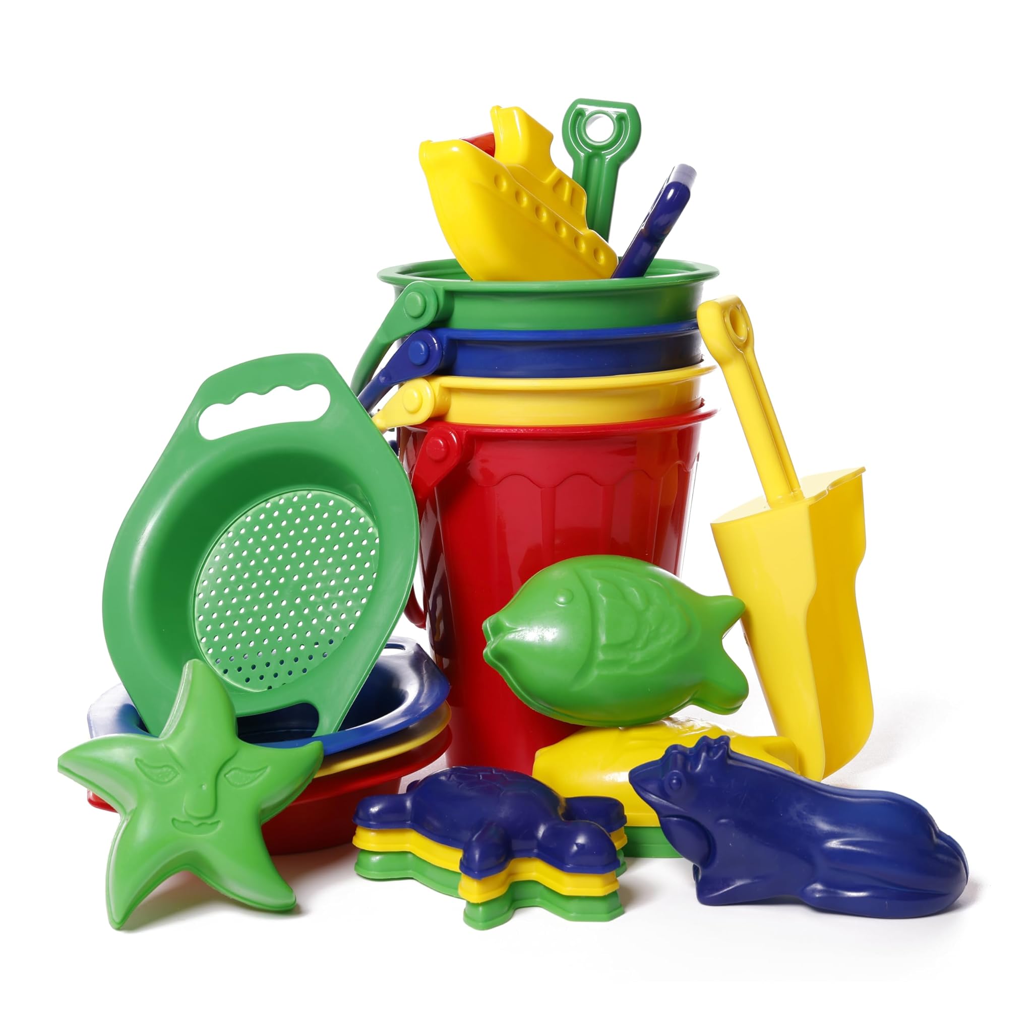 Italveneta Didattica Set Sabbia 20 Formine, 4 Secchielli, 4 Palette e 4 Setacci, Colori e Forme Assortite, Gioco Creativo per Bambini, Plastica Resistente