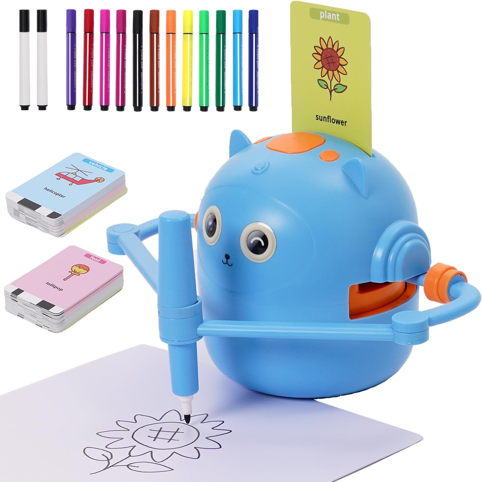 Robot da Disegno per Bambini, Robot Disegnatore con Interattivo Vocale, 14 Pennes e 100 Carte, Drawing Robots Educativo Interattivo per Apprendimento Precoce, Regalo per Bambino Bambina 3+ Anni (Blu)