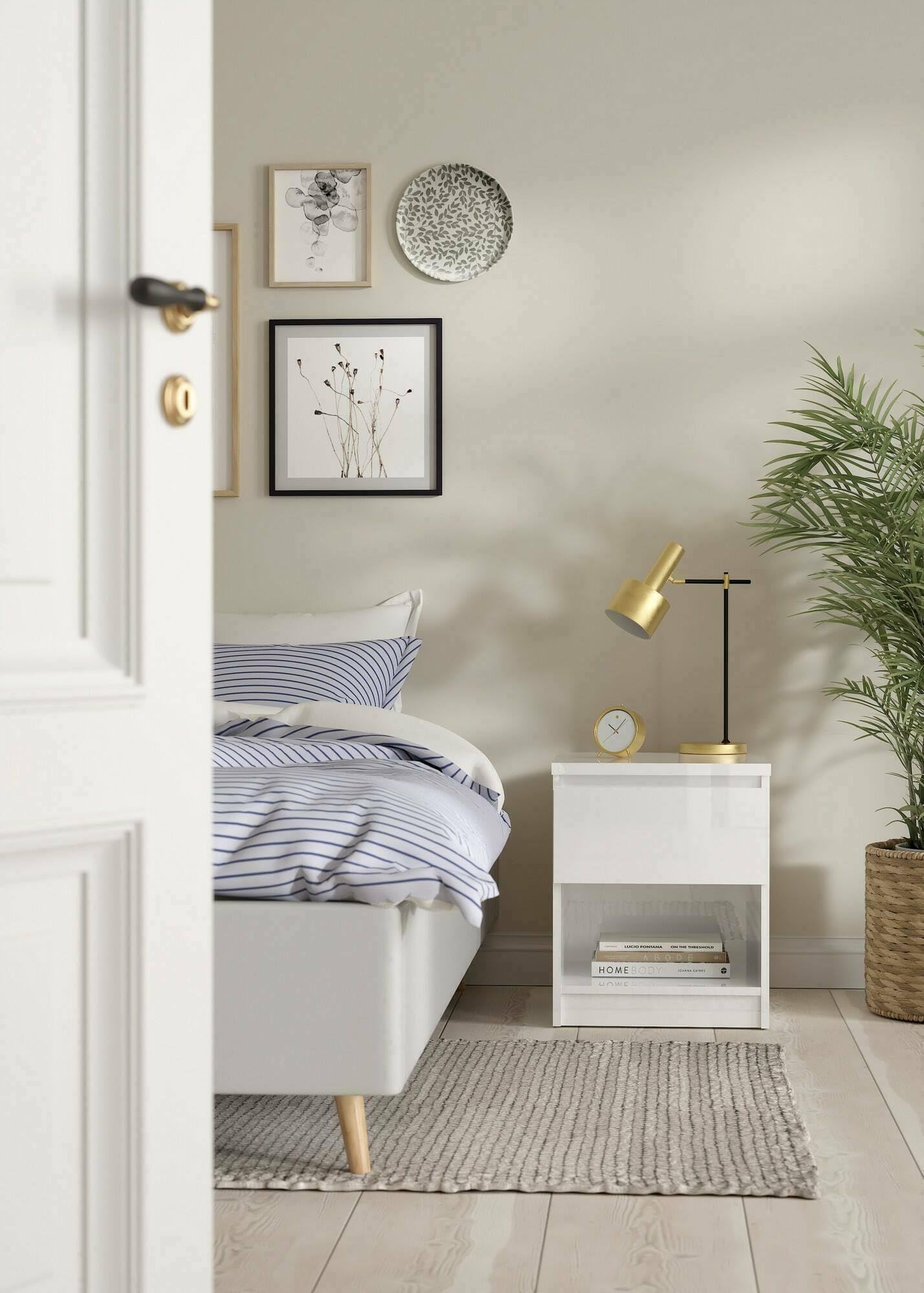 Dmora Comodino a Un cassetto, Colore Bianco Lucido, cm 40 x 49 x 40