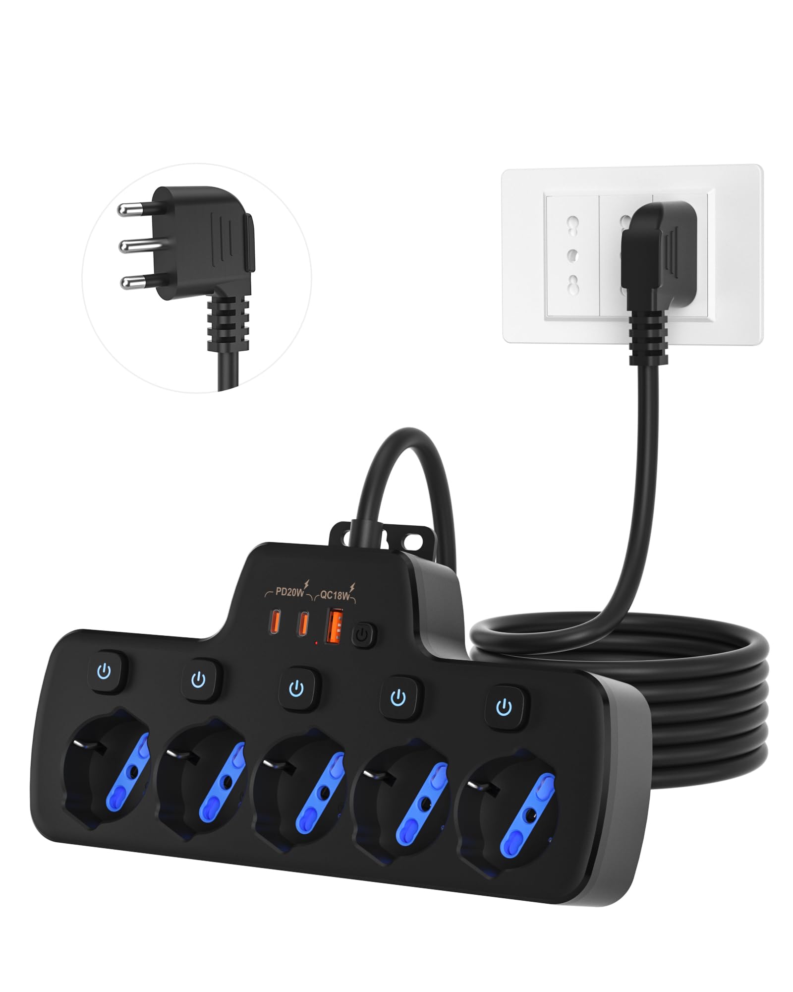 Ciabatta Multipresa 5 Posti Schuko Bipasso 10/16A, Nero