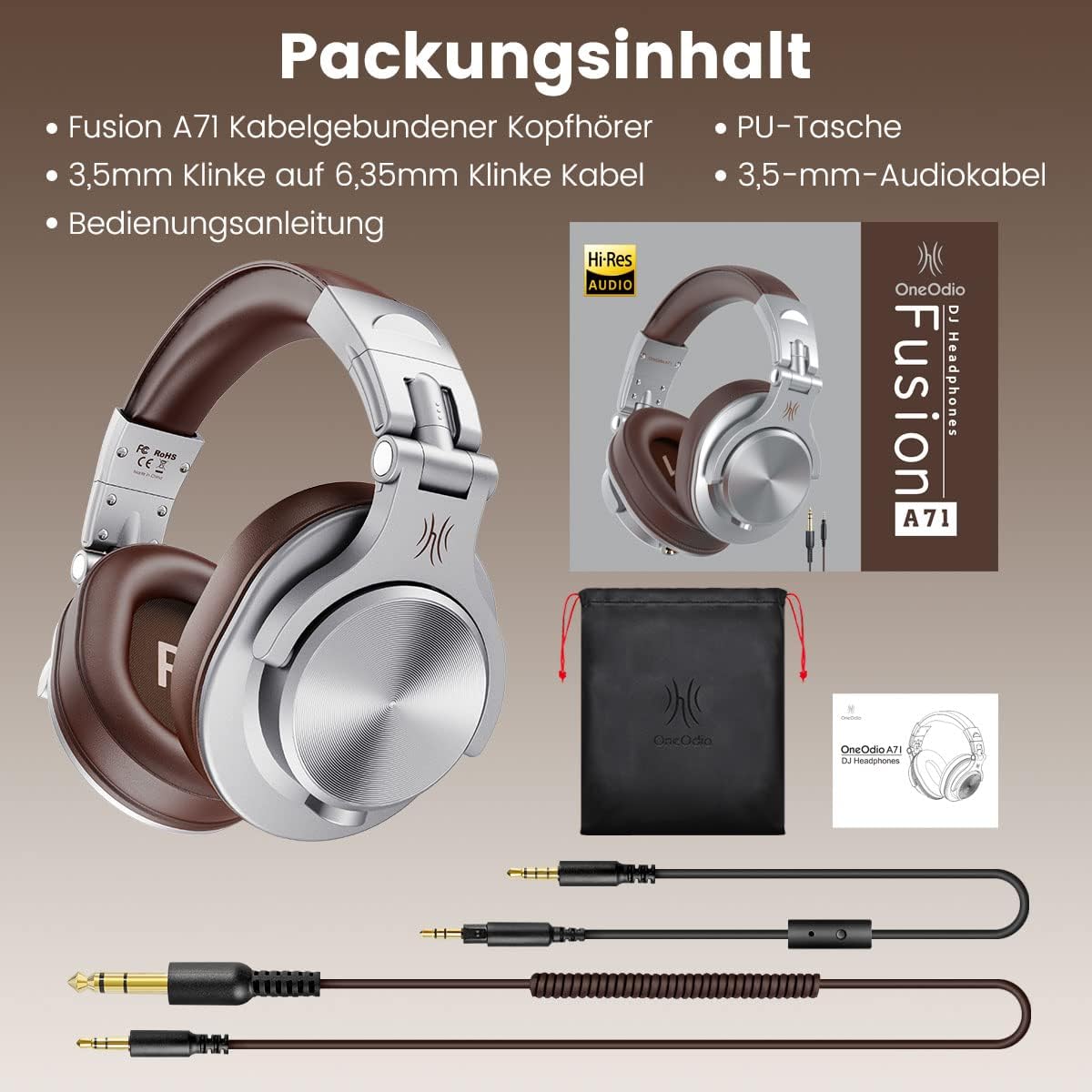 Oneodio A71 Hi-Res Cuffie Cablate Over Ear, Argento - immagine 8