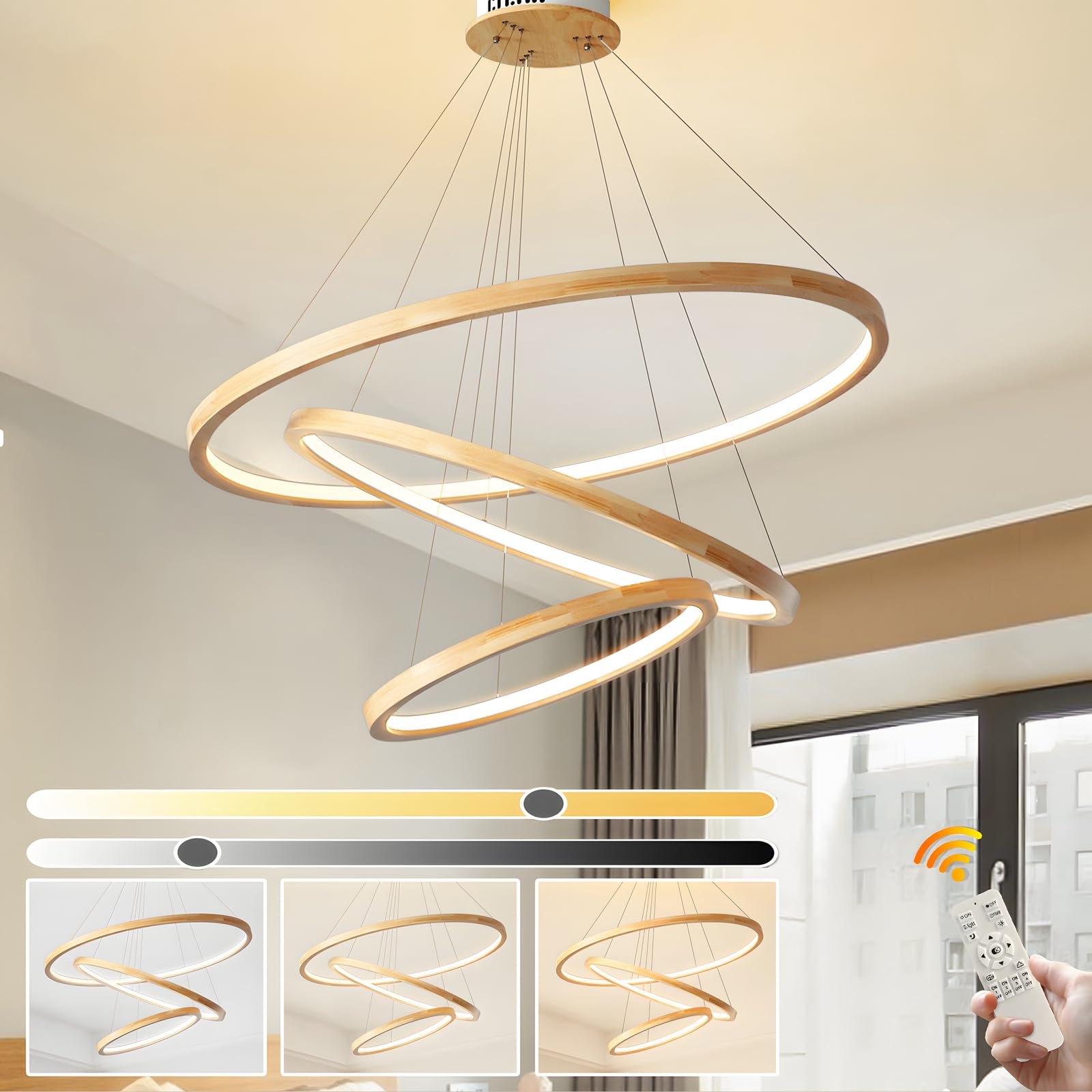 WayLuoung Lampadario LED in Legno 3 Anelli Dimmerabile