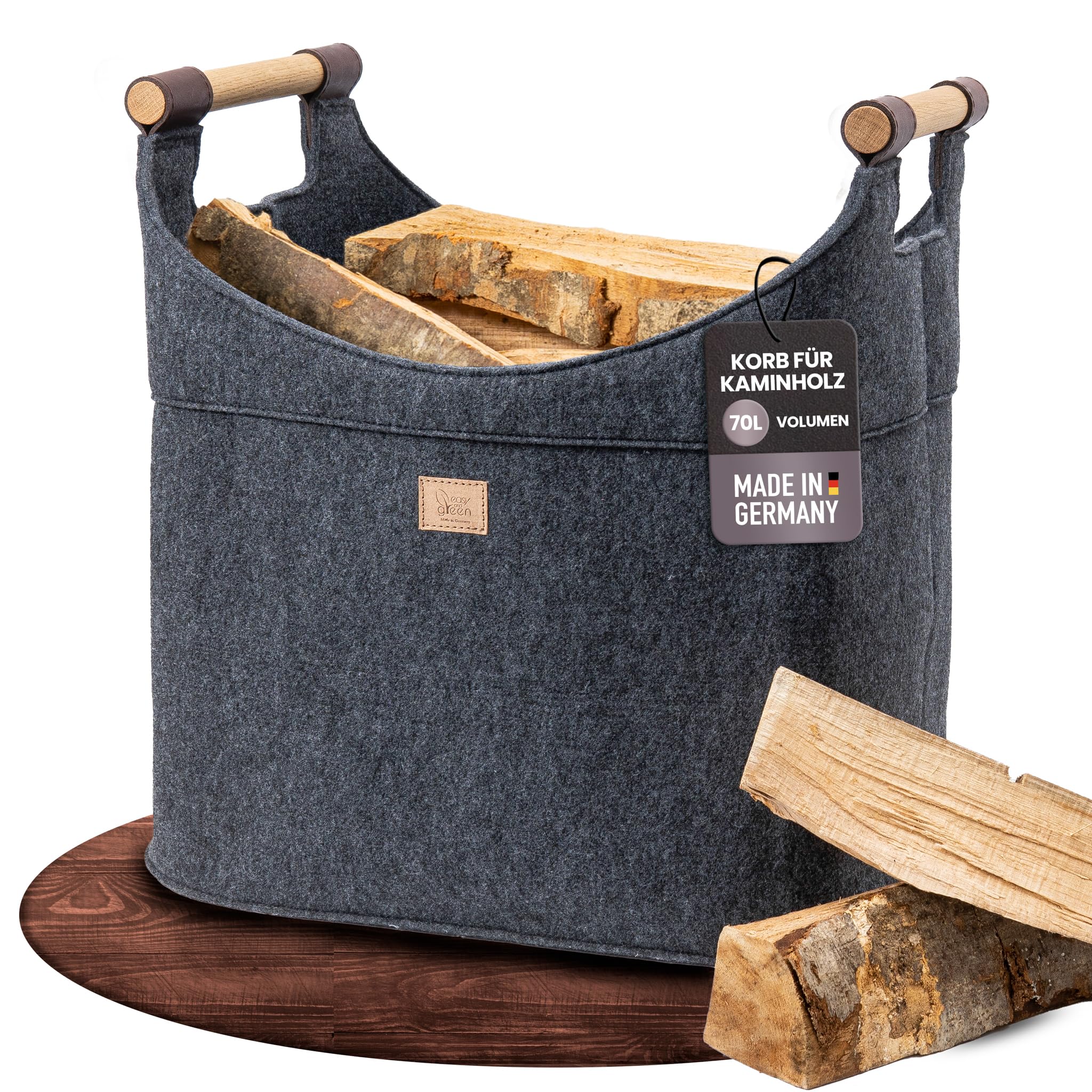 Cesto in feltro per legna da ardere grande [40 L] con manici in vero legno (quercia), prodotto in Germania, cestino per legna da ardere XXL, in feltro riciclato Easy and Green®