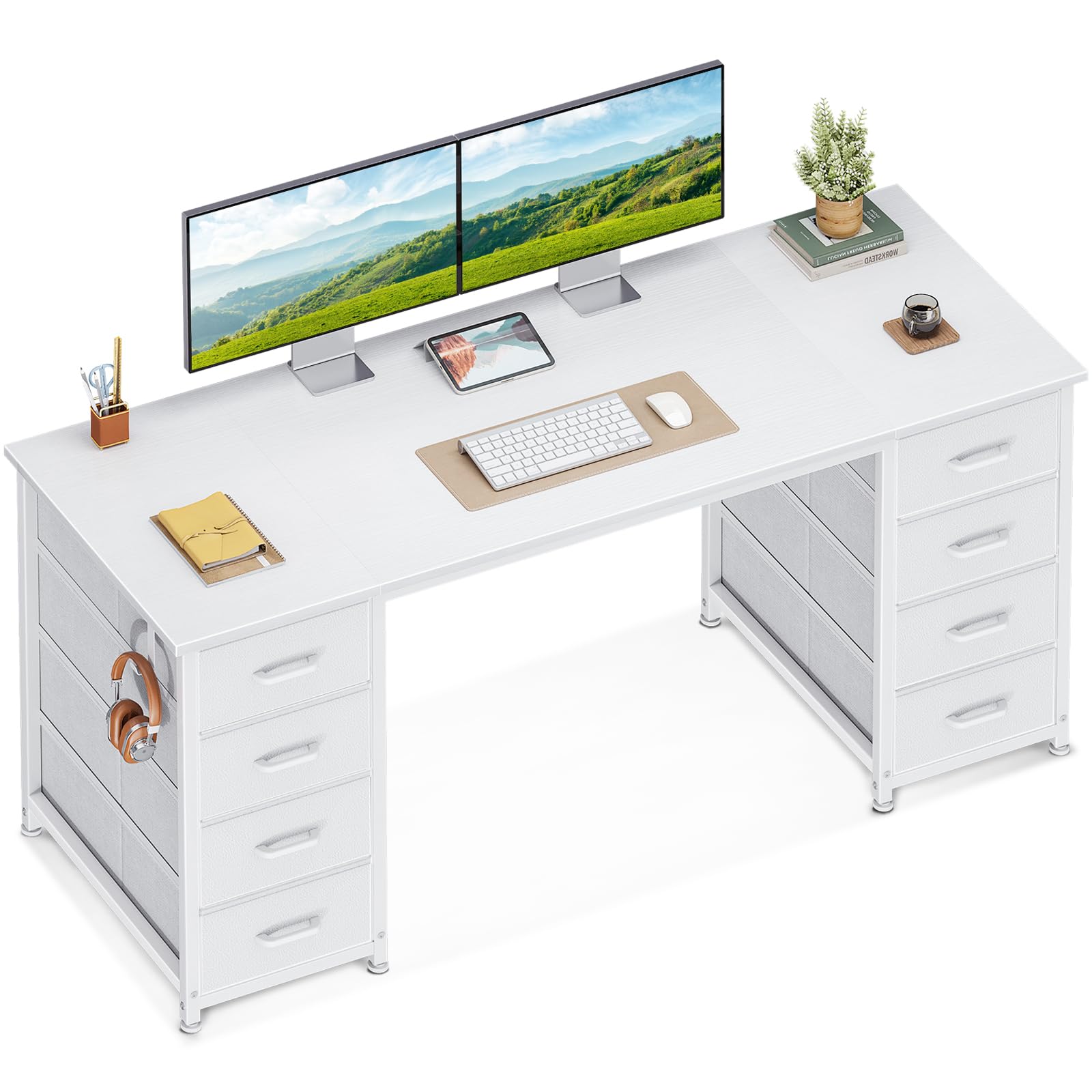 Coleshome Scrivania 140x48cm con 8 Cassetti in Tessuto, Bianco