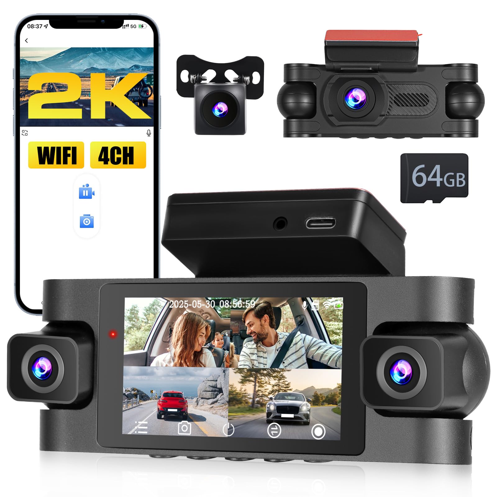 Dash Cam Auto 2K WiFi a 4 Canali con Scheda 64GB