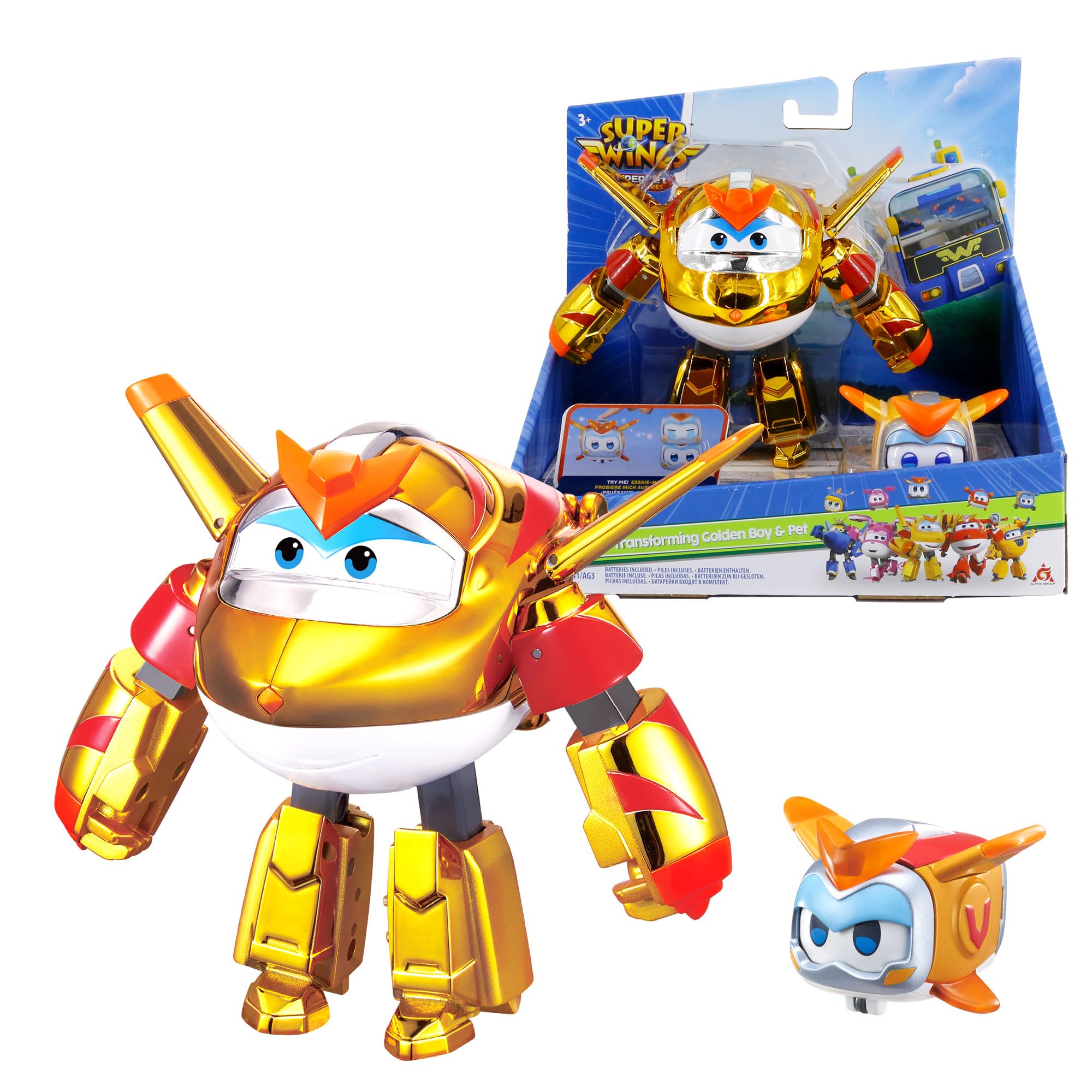 Super Wings EU770441 - Golden Boy & Pet trasformabile, figura trasformabile alta circa 12 cm con pet alto circa 4,3 cm, per bambini a partire dai 3 anni di età