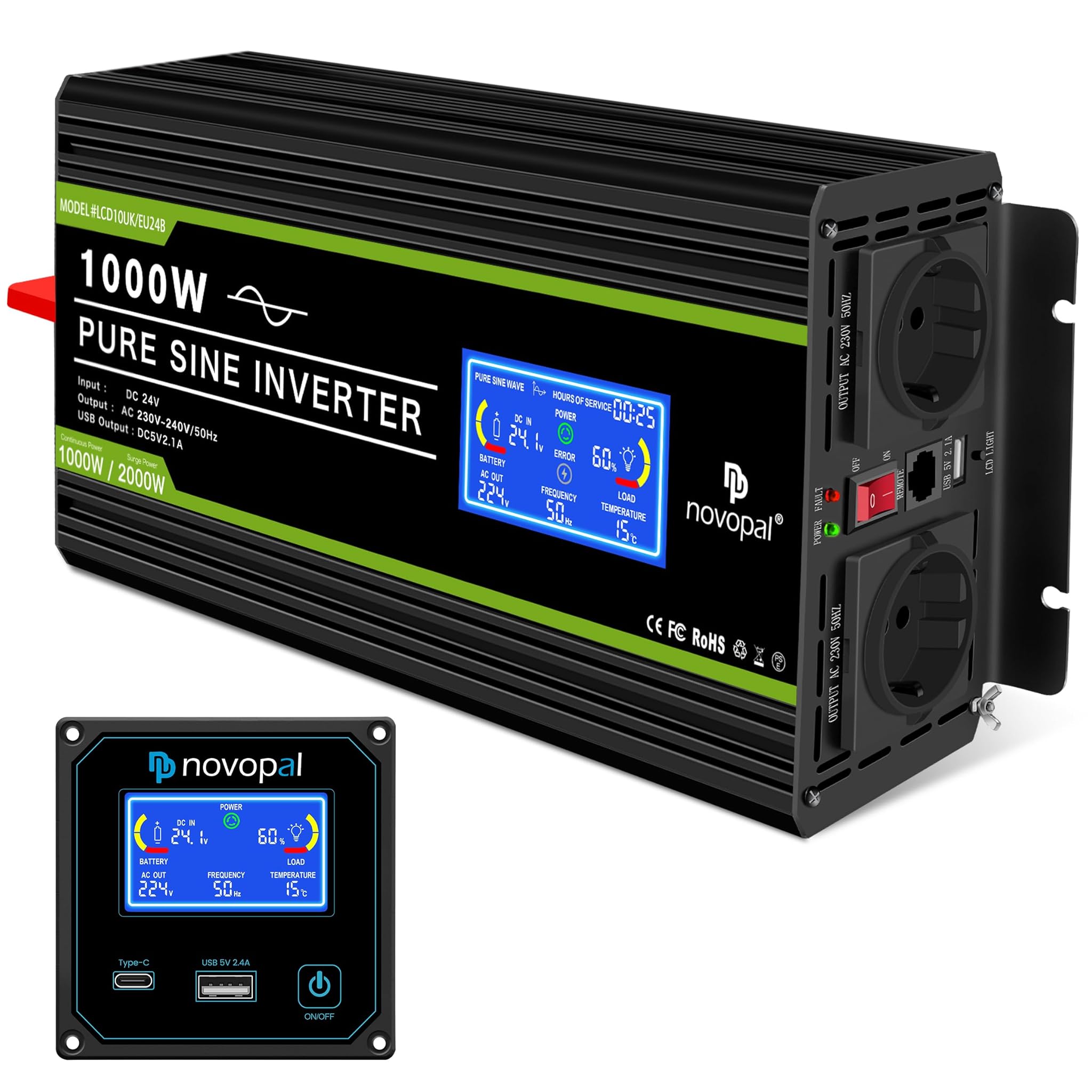 Novopal Inverter 1000W 24V 220V Onda Pura con Display LCD