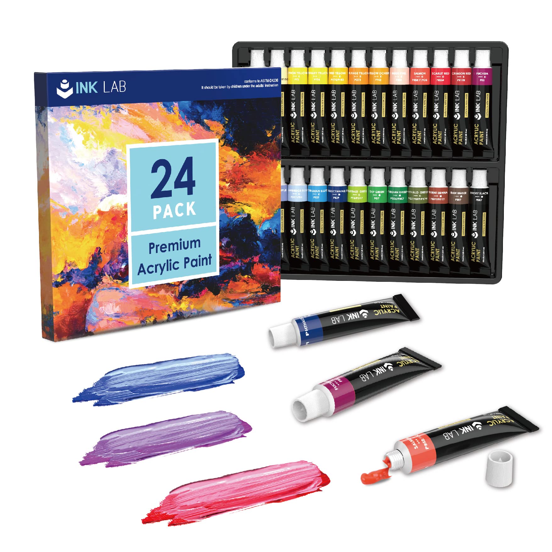 Ink Lab Set Pittura Acrilica 24 Tubi 12ml Atossici
