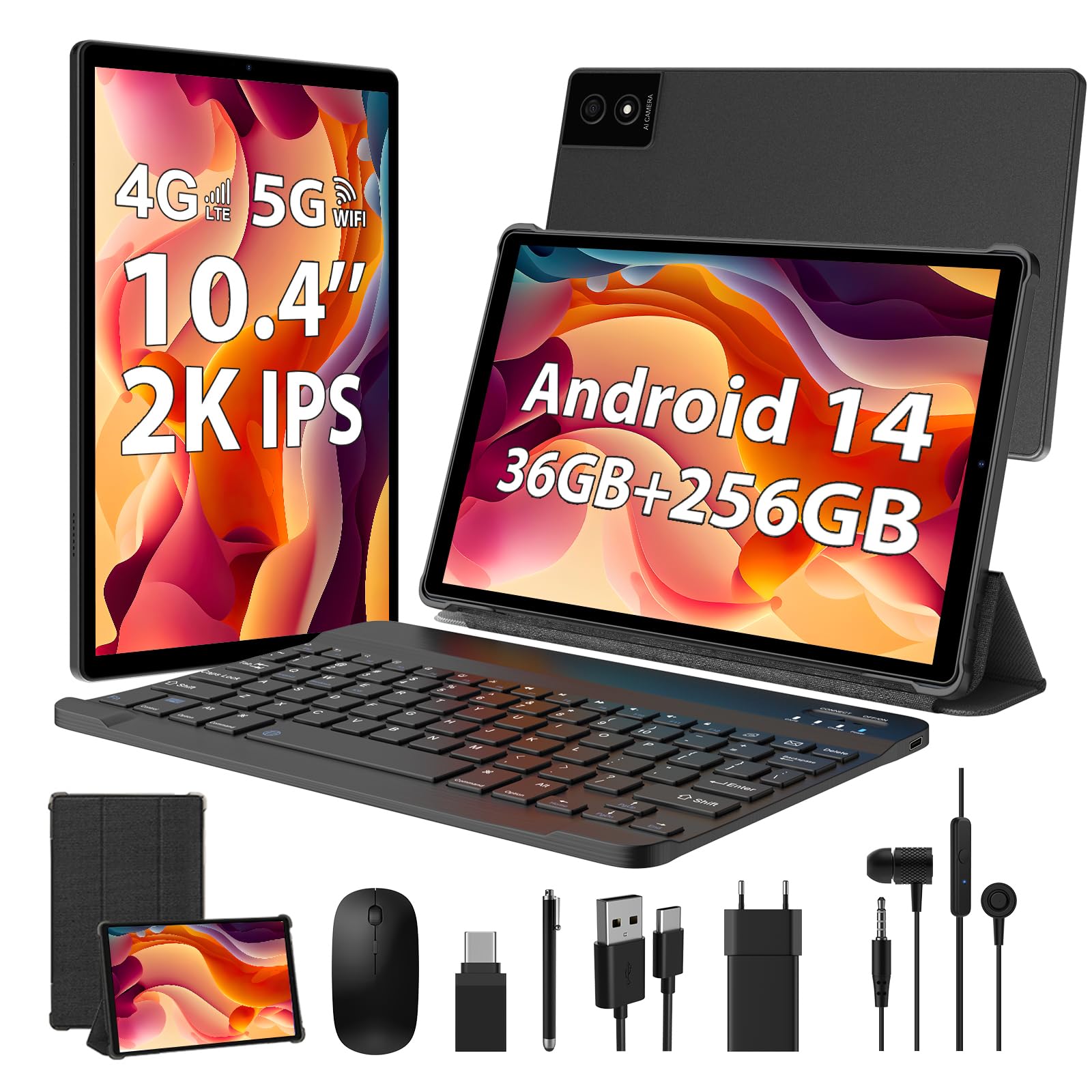 Tablet Android 14 da 10.4 pollici con Tastiera e Mouse, Nero