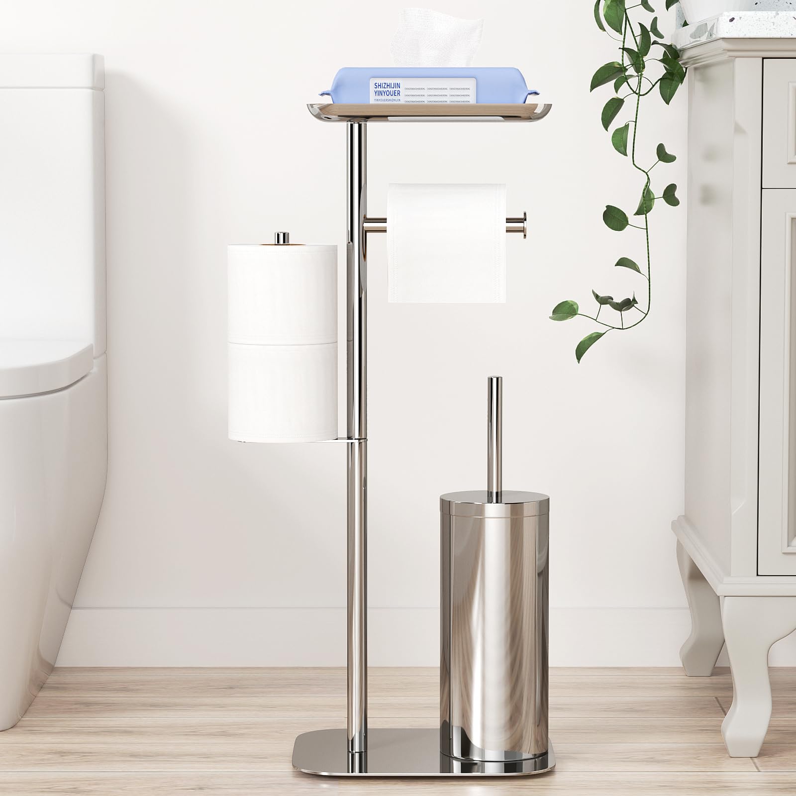 Porta Carta Igienica in Piedi con Spazzola, Argento