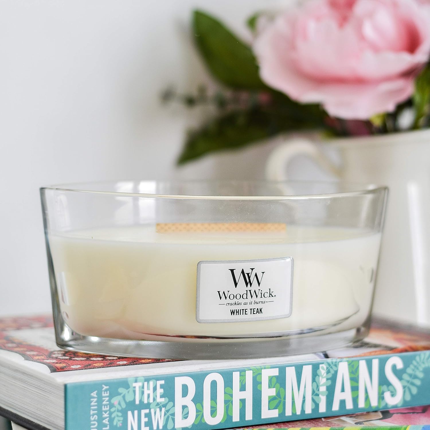 Woodwick Ellipse Candela Profumata Teak Bianco - immagine 9