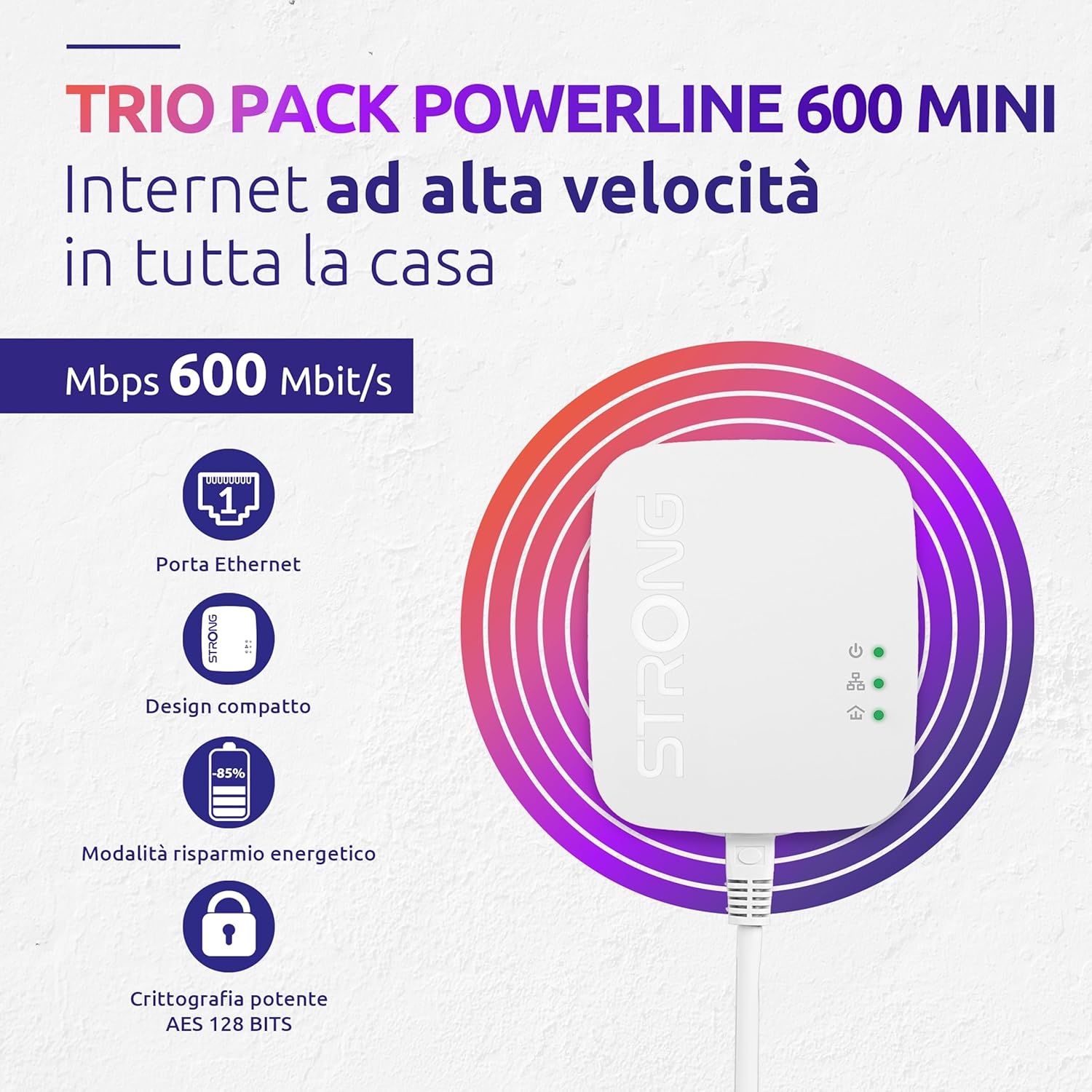 Strong Powerline 600 Triple Mini - 3 Adattatori 600 Mbps - immagine 2