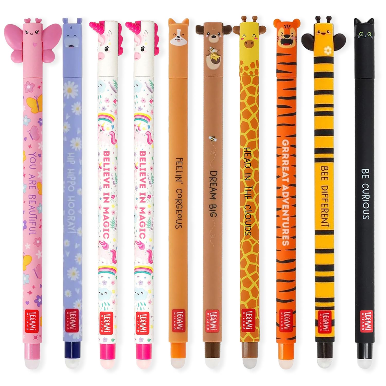 LEGAMI - Set di 10 penne gel cancellabili con inchiostro cancellabile termosensibile, gamma di colori dell'inchiostro e disegni a botte, punta da 0,7 mm, disegni di animali