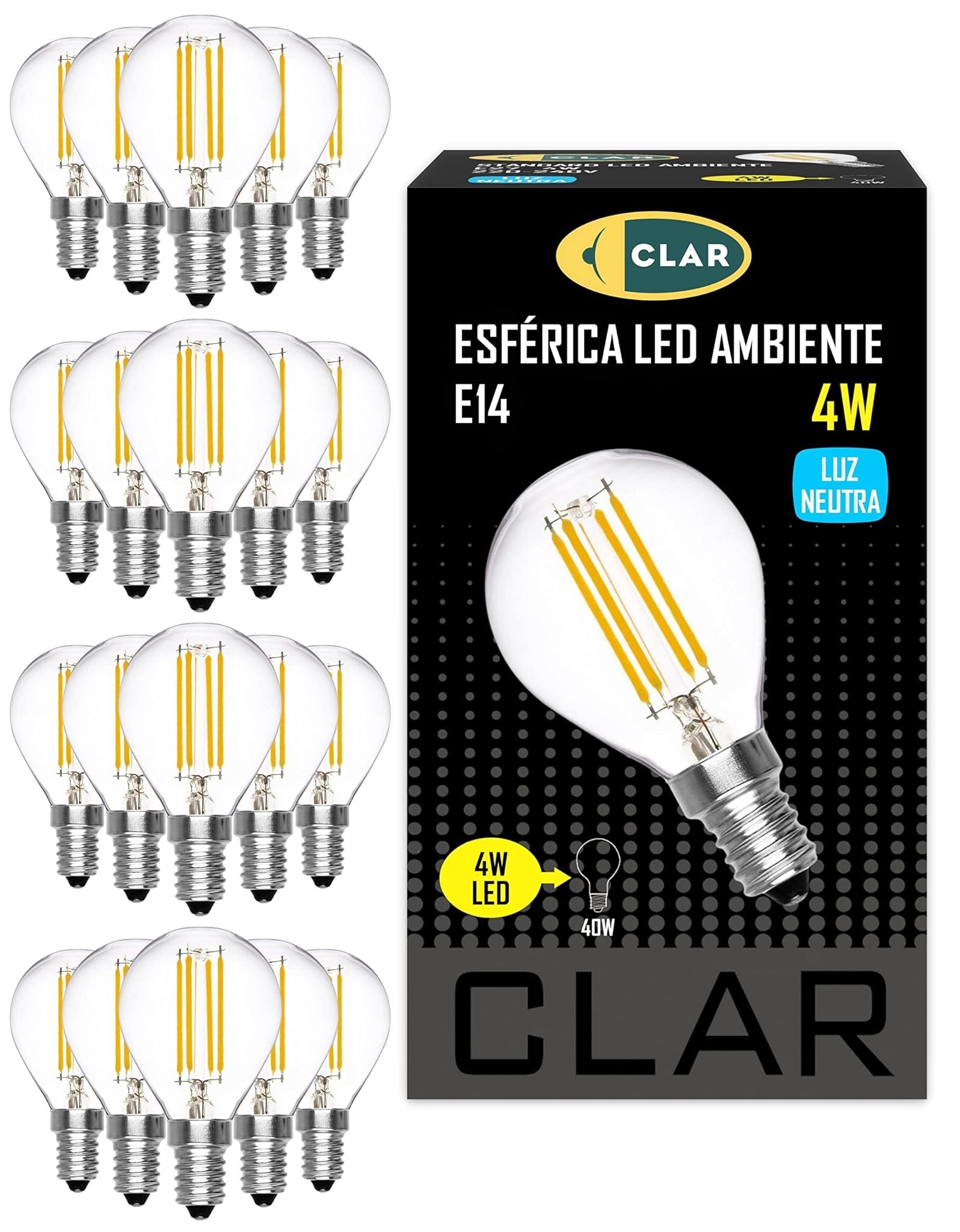Clar Lampadine LED Filamento E14 4W Vintage Sfera (Pack 20)