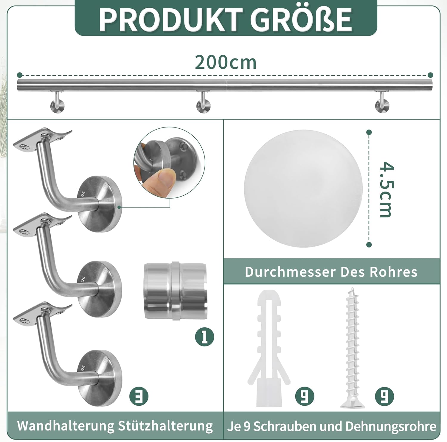 Corrimano in Acciaio Inox per Scale 200cm - immagine 2