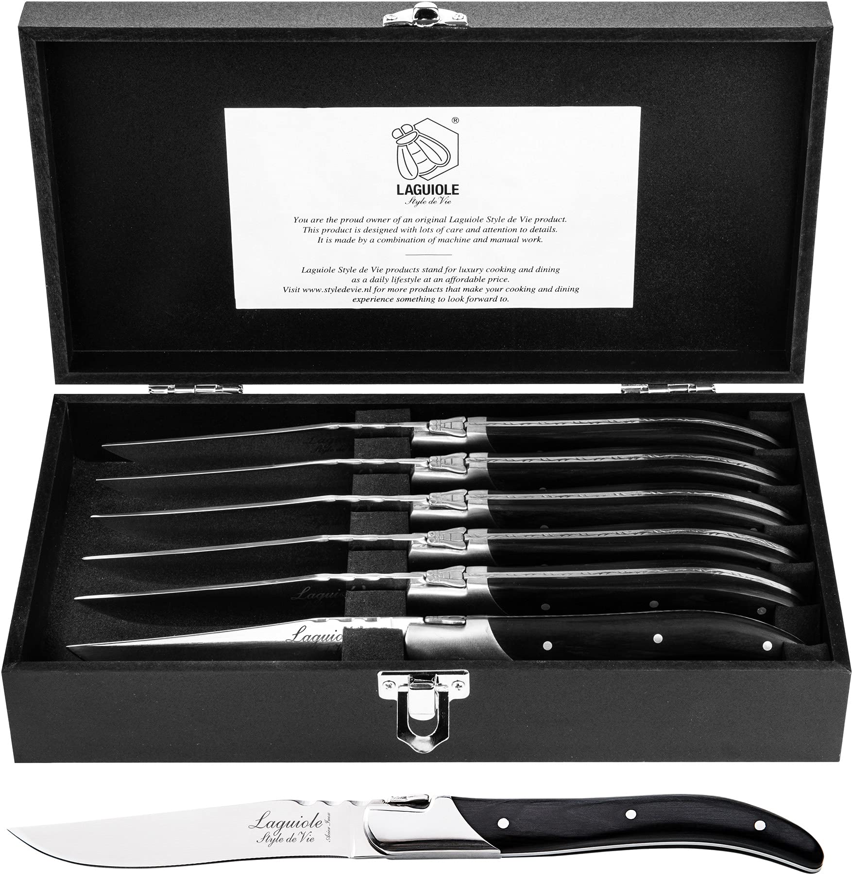 Laguiole Style de Vie Coltello da bistecca, Luxury Line, 6 pezzi, ebano.