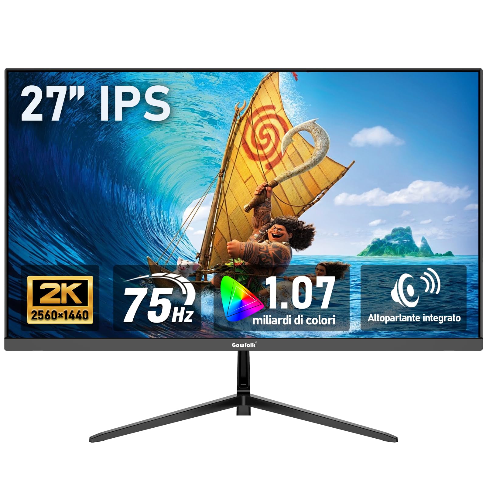 Gawfolk Monitor PC IPS 27" 2K QHD 75Hz, Nero