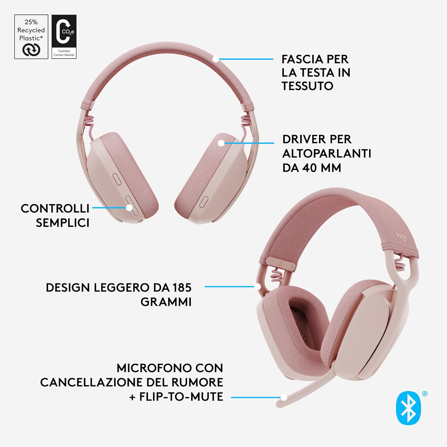 Logitech Zone Vibe 100 Cuffie Wireless Over-Ear, Rosa - immagine 8