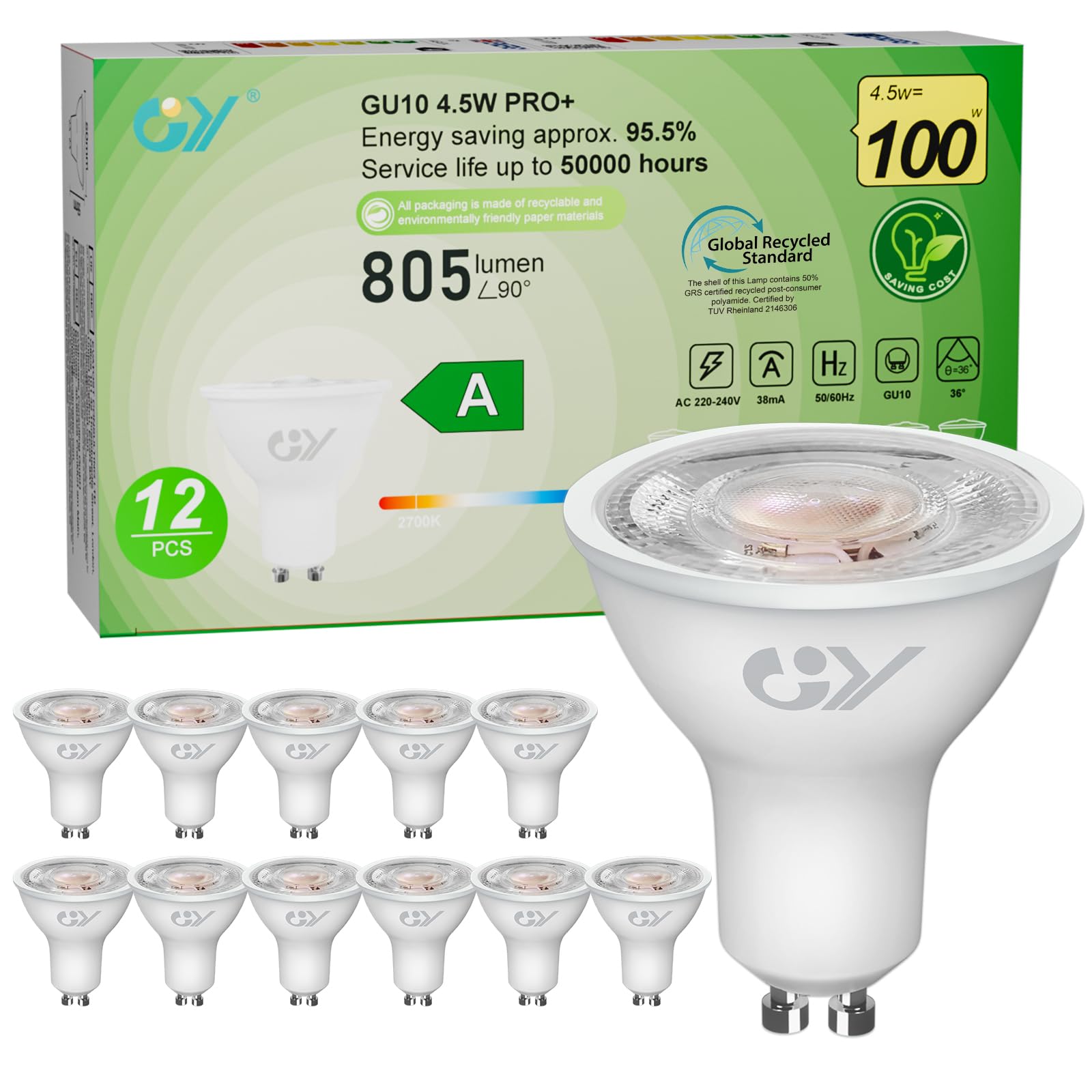 Gy Lampadina LED GU10 4.5W 805 Lumen 12 Pezzi