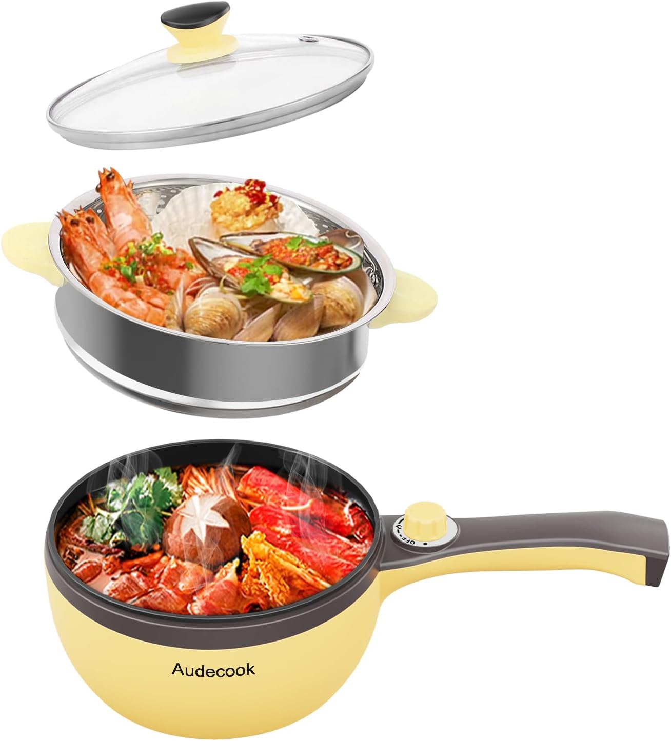 Audecook Padella Elettrica con Vaporiera 20 cm, Giallo