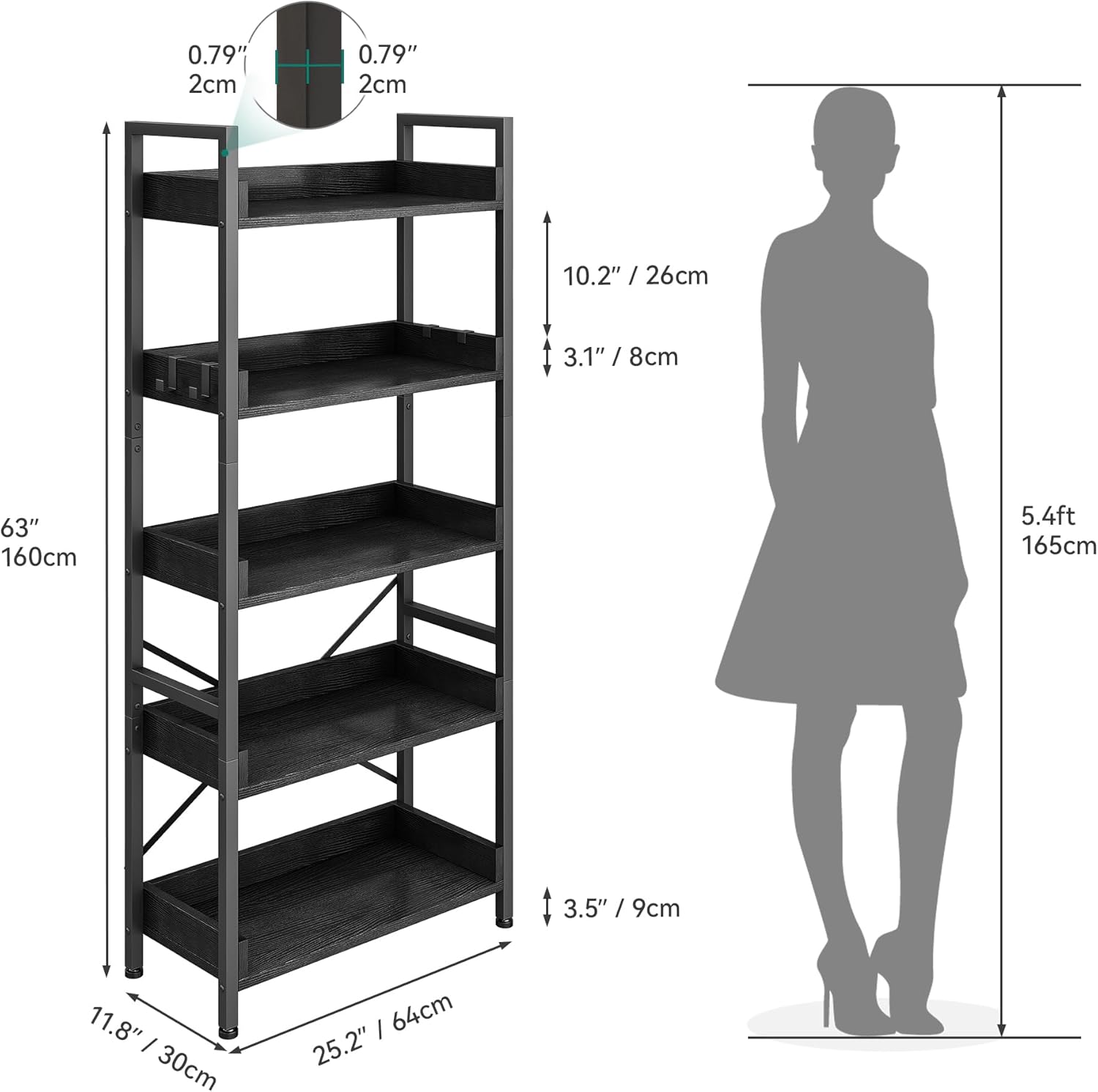 Yitahome Libreria a 5 Ripiani Industriale, Nero - immagine 2