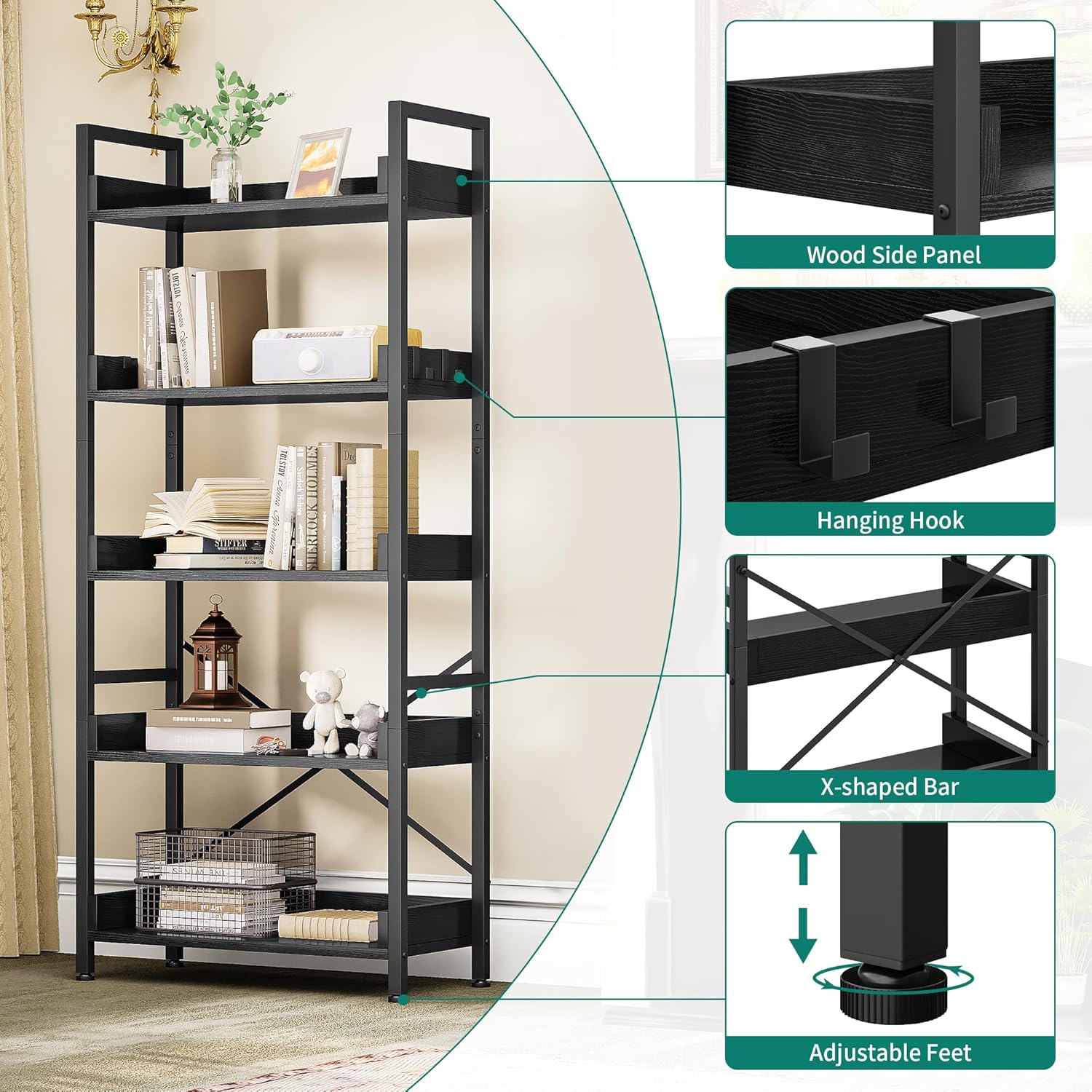 Yitahome Libreria a 5 Ripiani Industriale, Nero - immagine 4