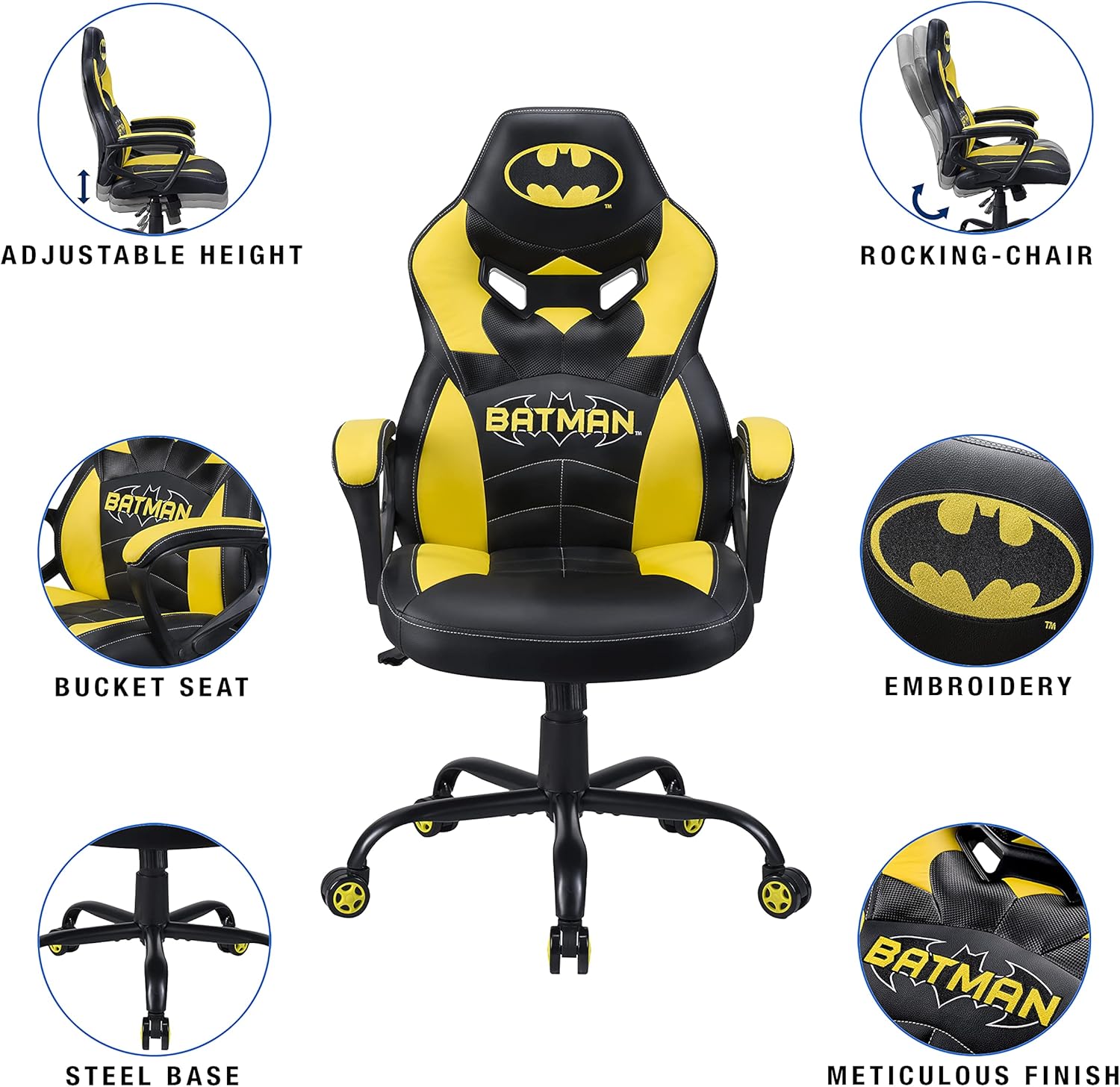 Batman - Sedia da Gaming Junior Ergonomica, Nero e Giallo - immagine 4