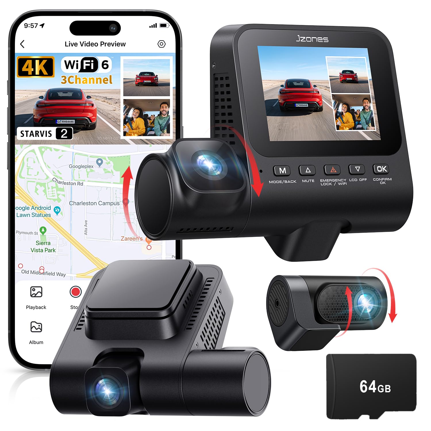 Dashcam Auto 3 Canali 4K Anteriore, Posteriore, Interna