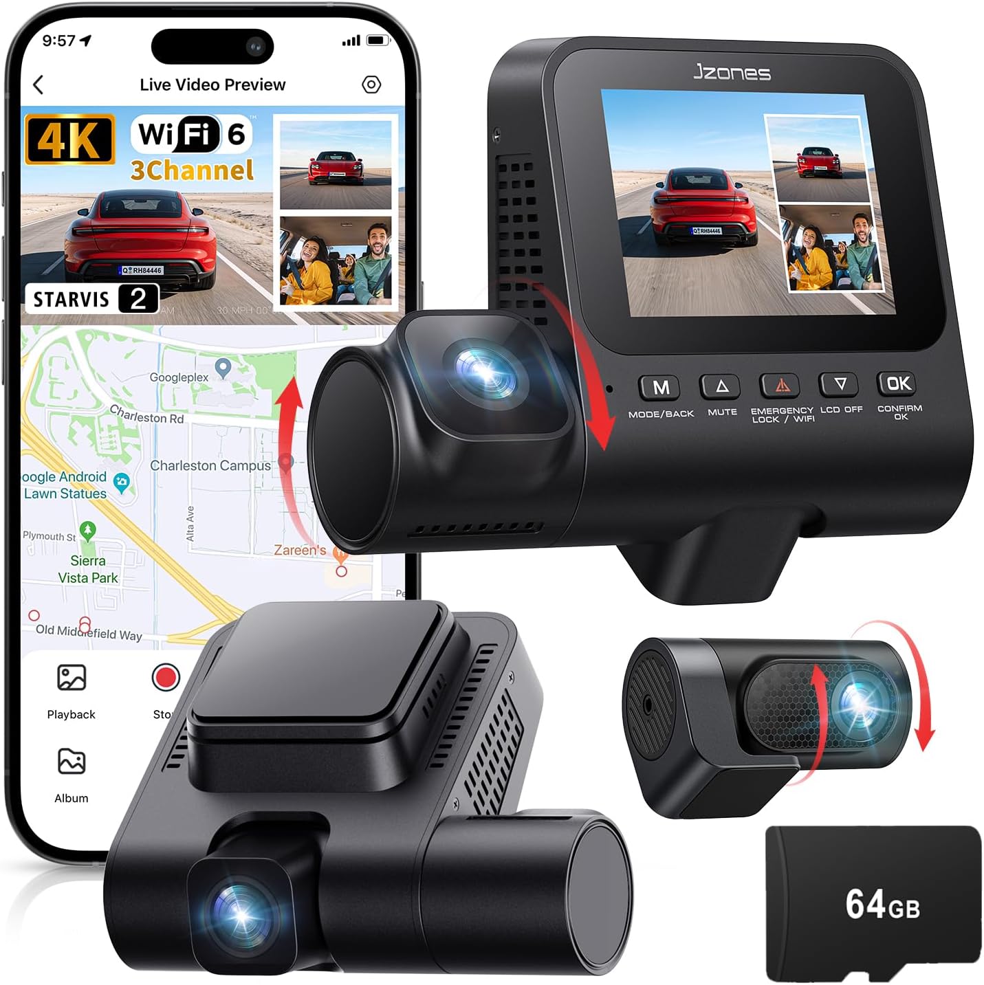 Dashcam Auto 3 Canali 4K Anteriore, Posteriore, Interna - immagine 1