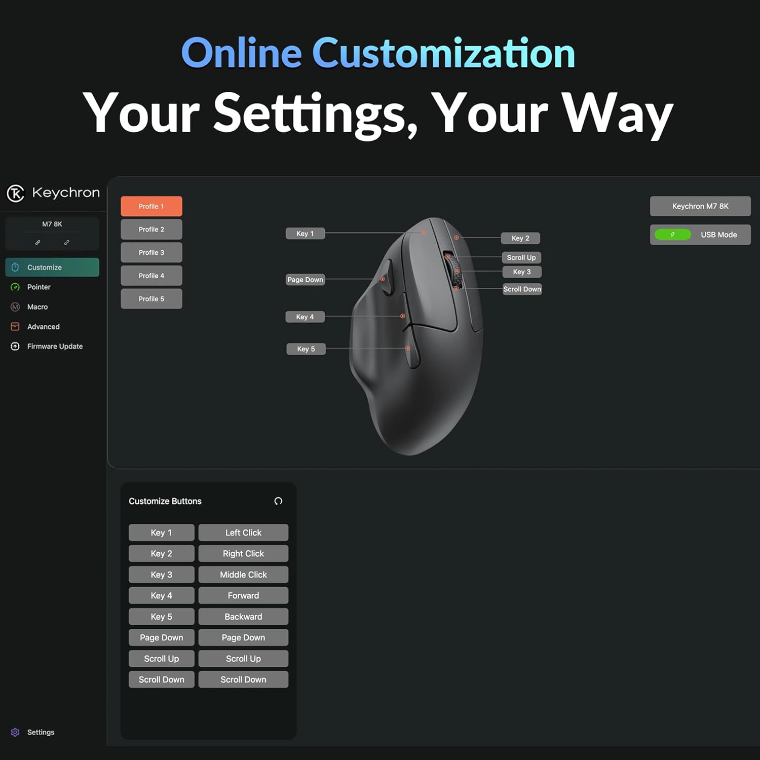 Keychron M7 Mouse Gaming Wireless 8K Polling Rate, Nero - immagine 2