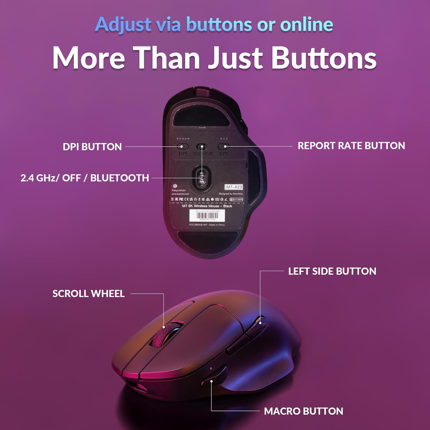 Keychron M7 Mouse Gaming Wireless 8K Polling Rate, Nero - immagine 8