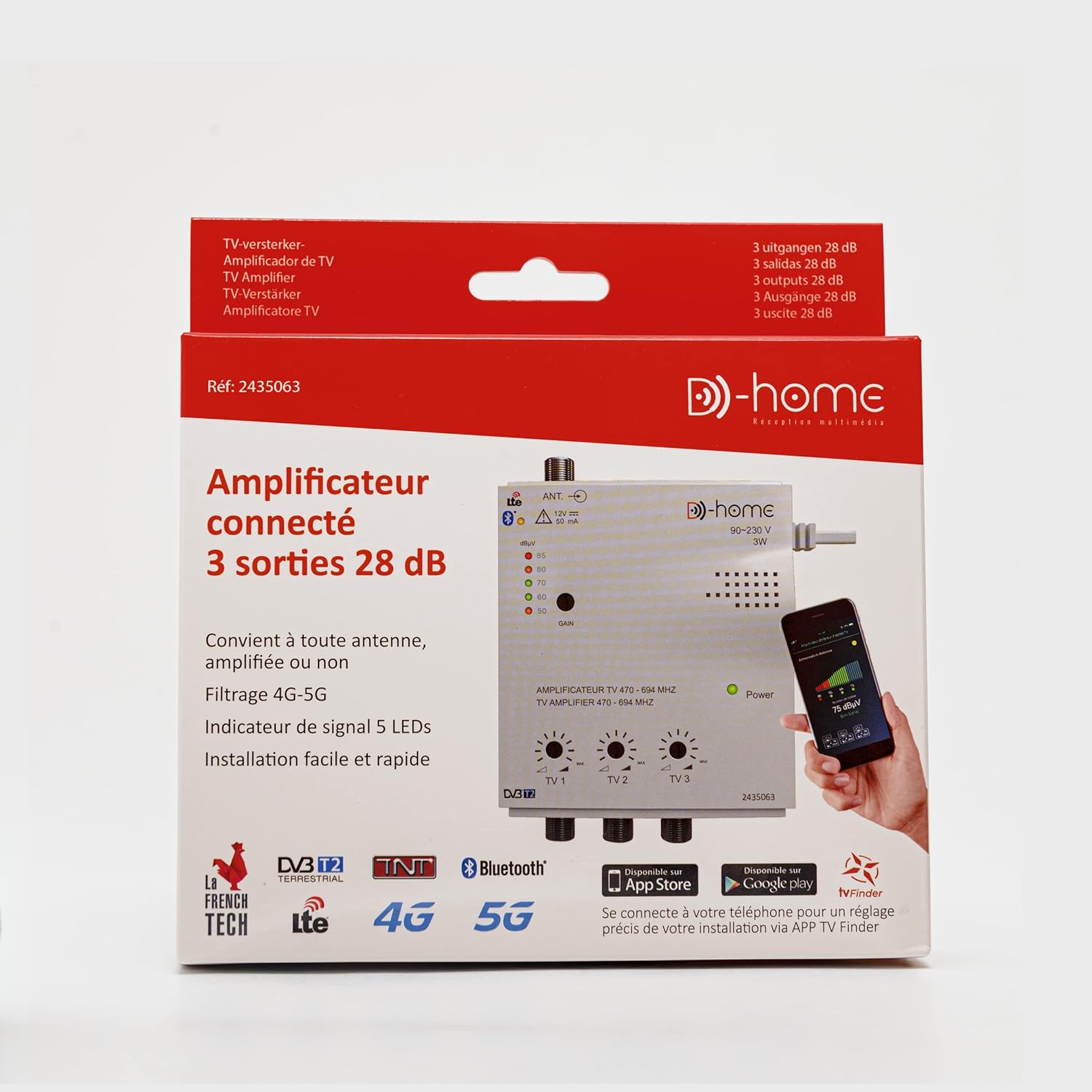 D-Home Amplificatore TV TNT Interno 3 Uscite 28dB - immagine 3