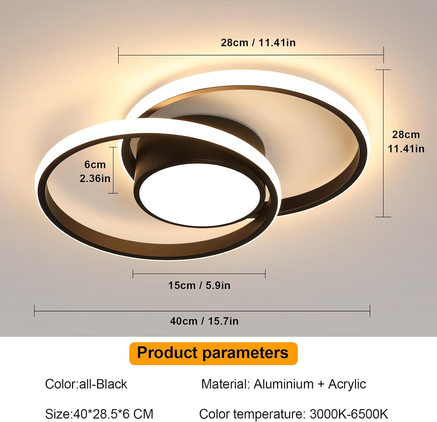 Plafoniera LED Soffitto Dimmerabile 40W, Nera - immagine 6