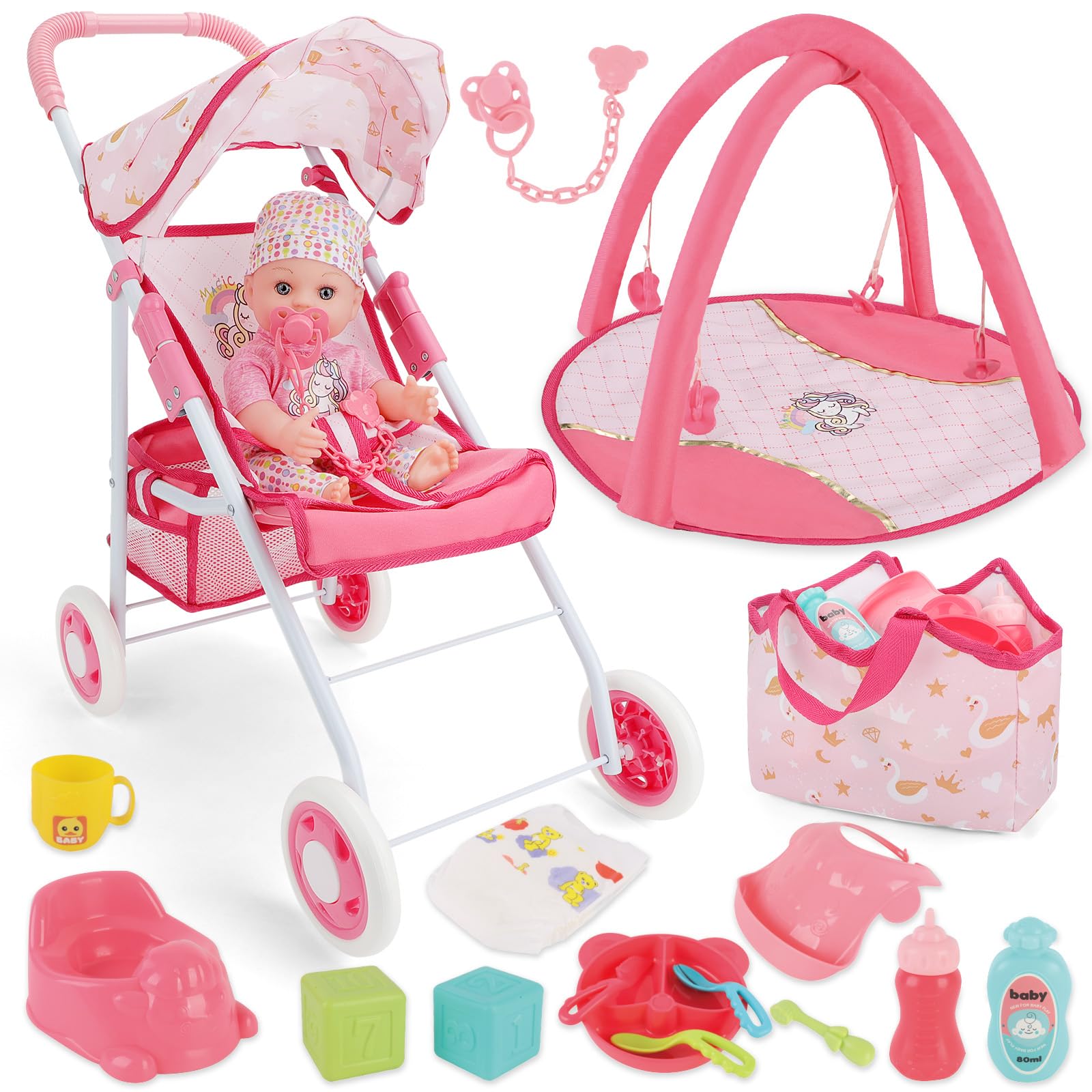 deAO Set Passeggino per Bambole con 2 Bambole 30cm, Rossa