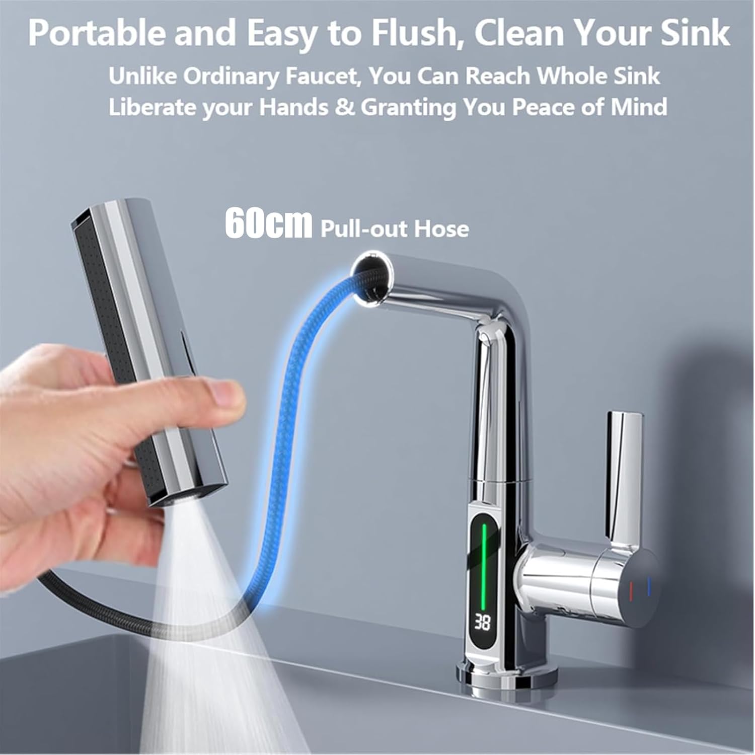 Rubinetto Cucina con Doccetta Estraibile e Display LED, Cromo - immagine 4