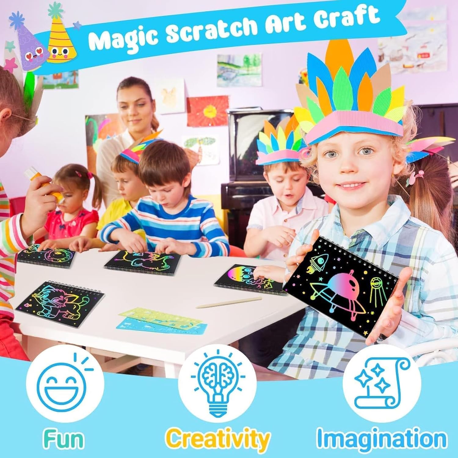 ZMLM 48 Libri Scratch Art Bambini con Stilo e Stencil - immagine 3