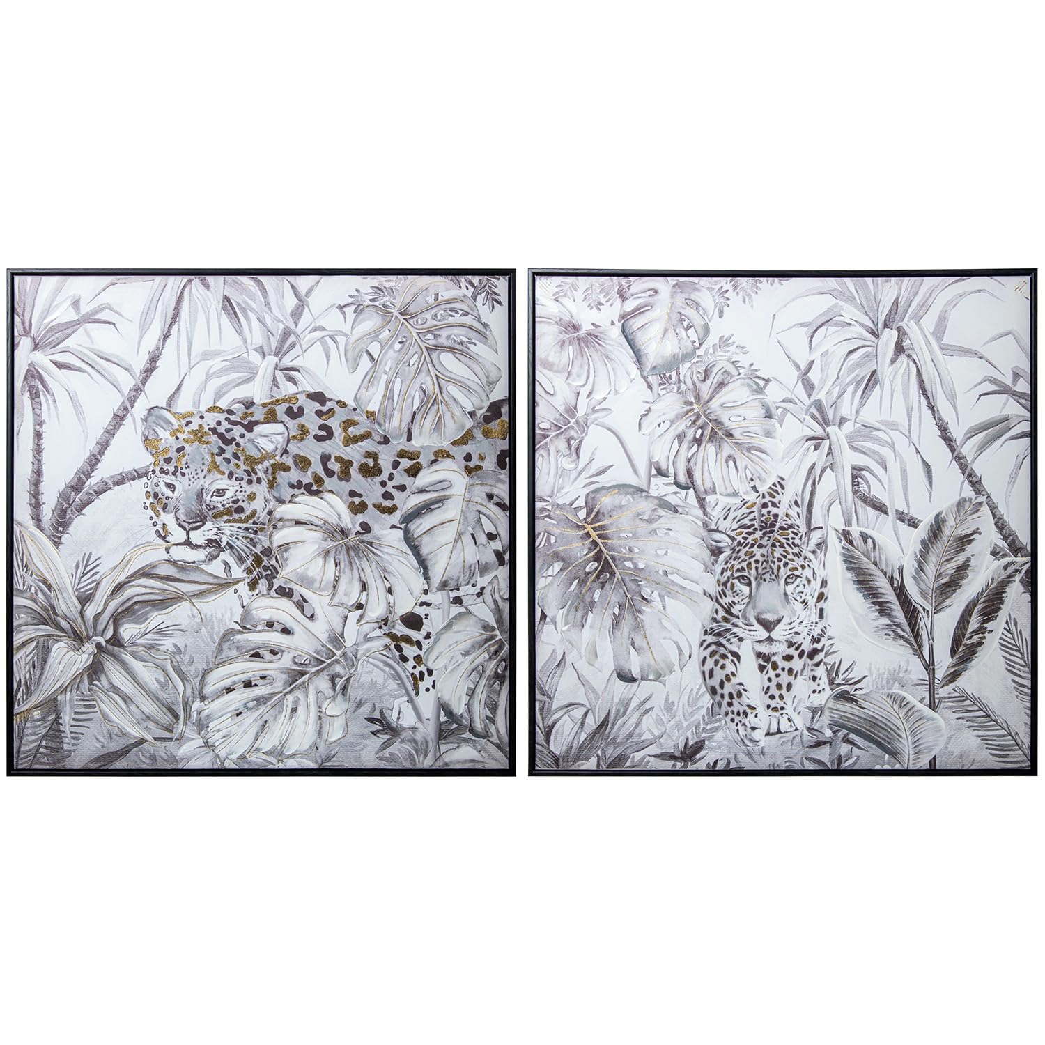 DRW Set di 2 quadri quadrati con leopardo e cornice nera 80x3,5x80 cm