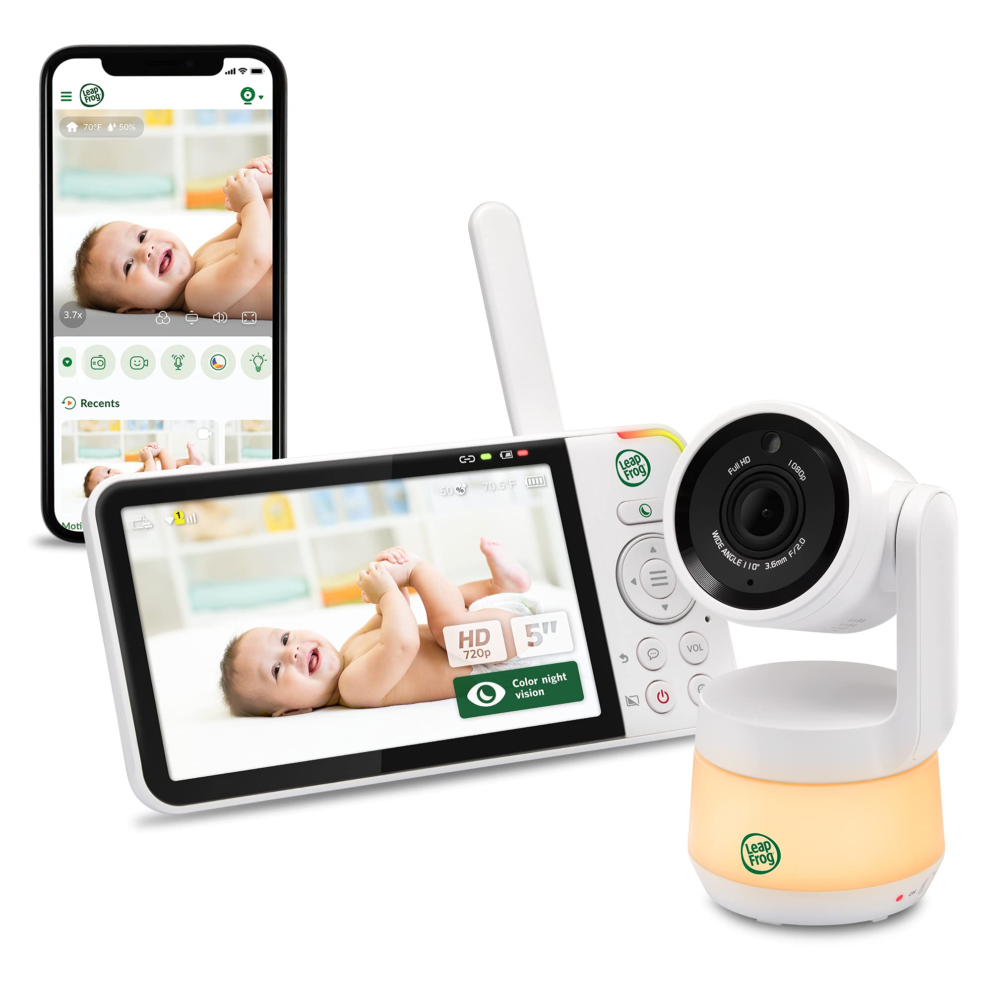LeapFrog LF925HD Baby Monitor Video, 1080P WiFi Smart Baby Monitor, Pan & Tilt 360°, 8X Zoom, 5" 720p HD Display, Color Night Light, Color Night Vision, 2-Way Audio