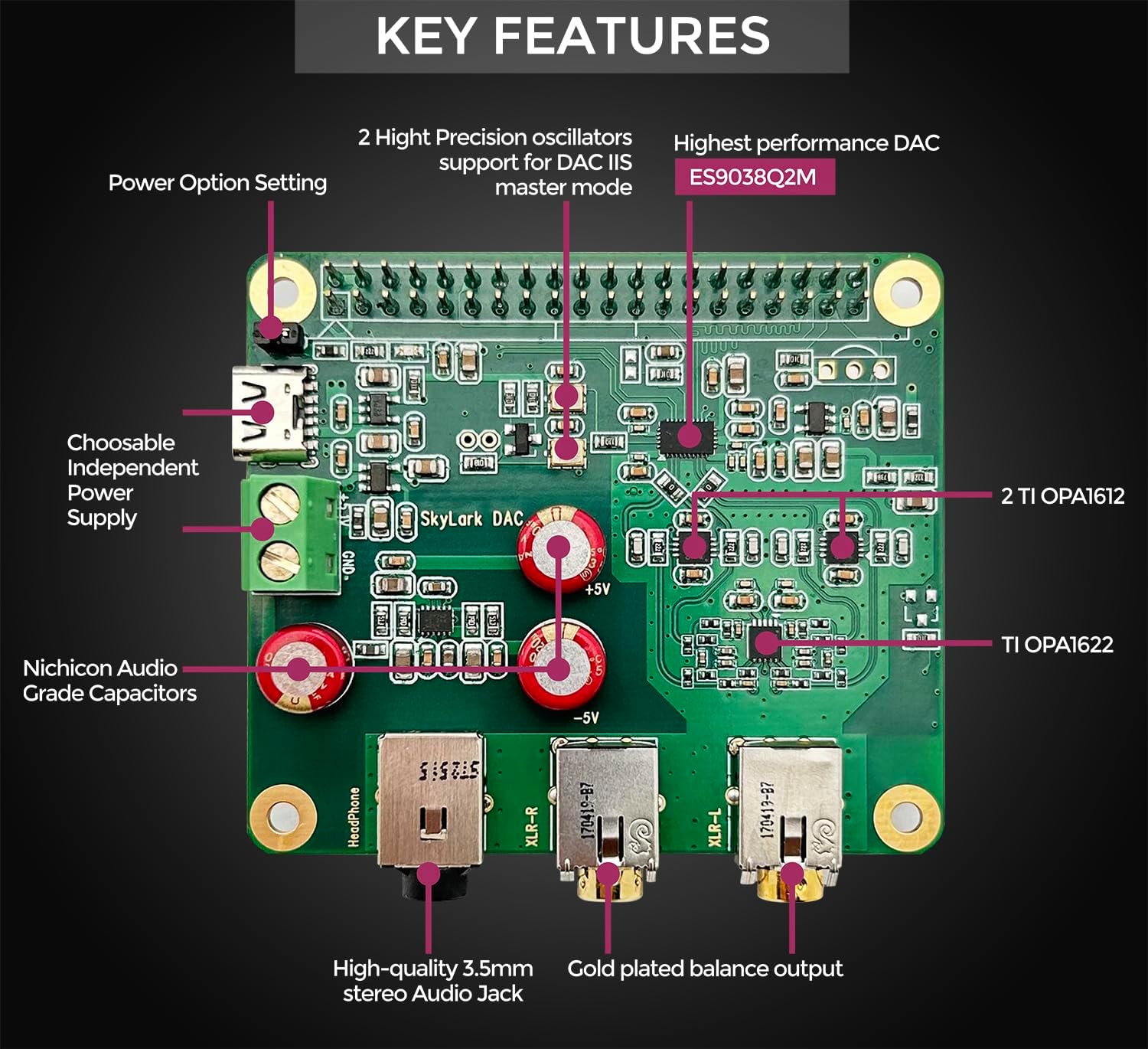 Raspberry Pi HiFi DAC Pro Hat ES9038Q2M Scheda Audio - immagine 3