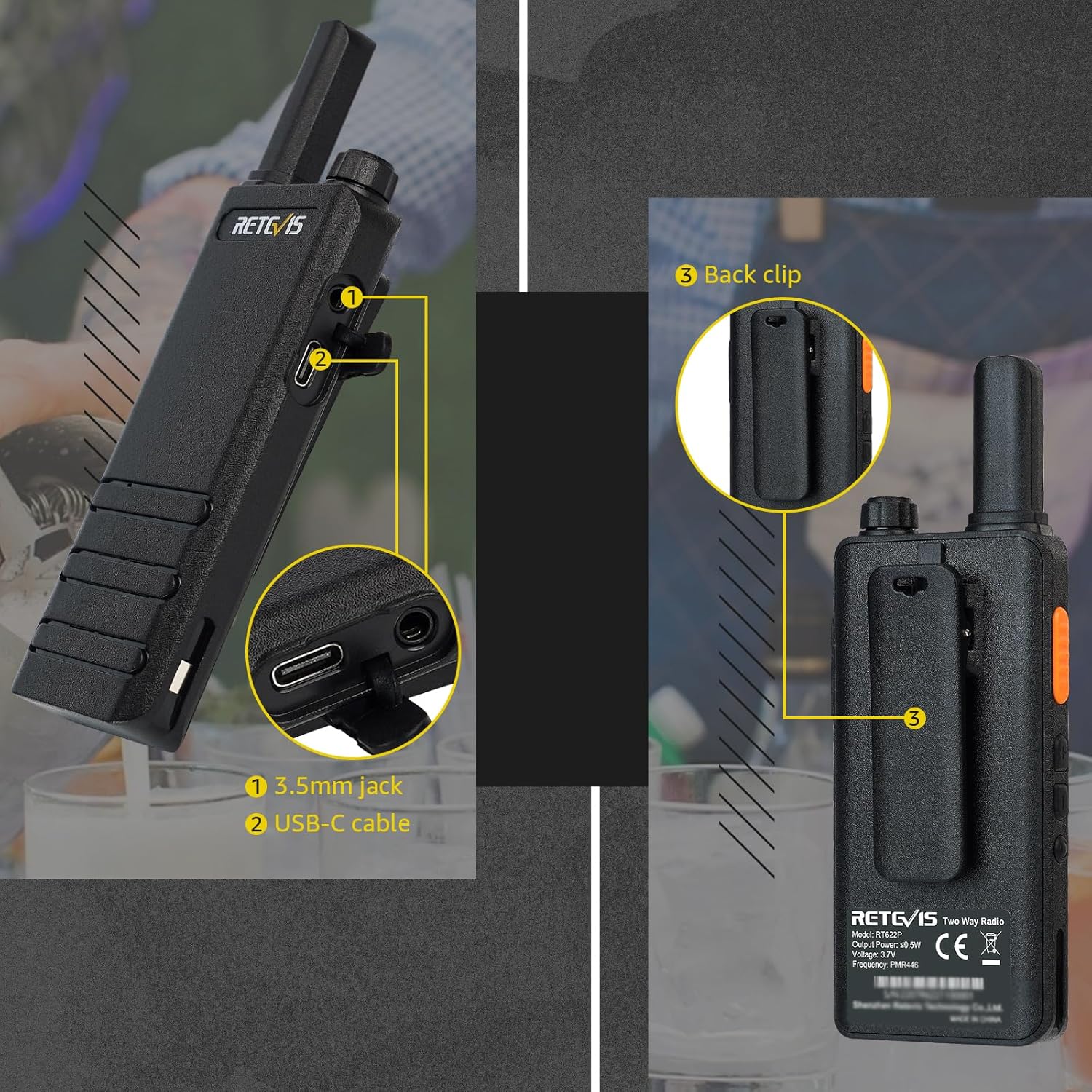 Retevis RT622P Walkie Talkie USB-C (4 Pezzi, Nero) - immagine 8