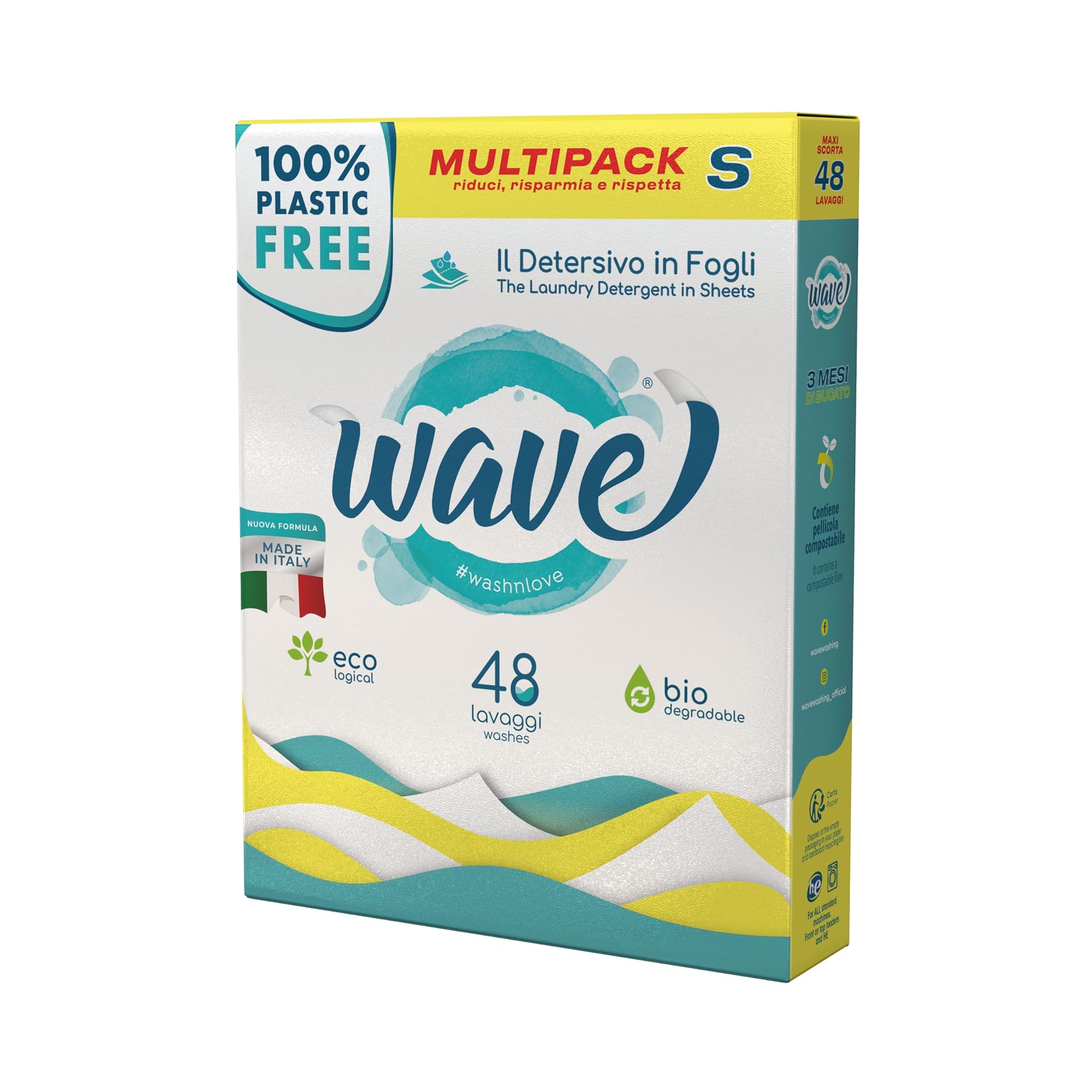 Wave Washing Classic - Il Detersivo in Fogli - 100% PLASTIC FREE - Multipack S - 48 Lavaggi - Made in Italy - Ecologico - Biodegradabile - Compostabile