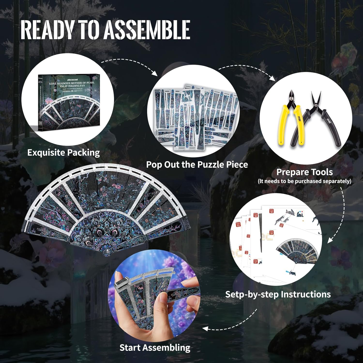 Piececool Metal Puzzle 3D Ventaglio Pieghevole, Blu Navy - immagine 4