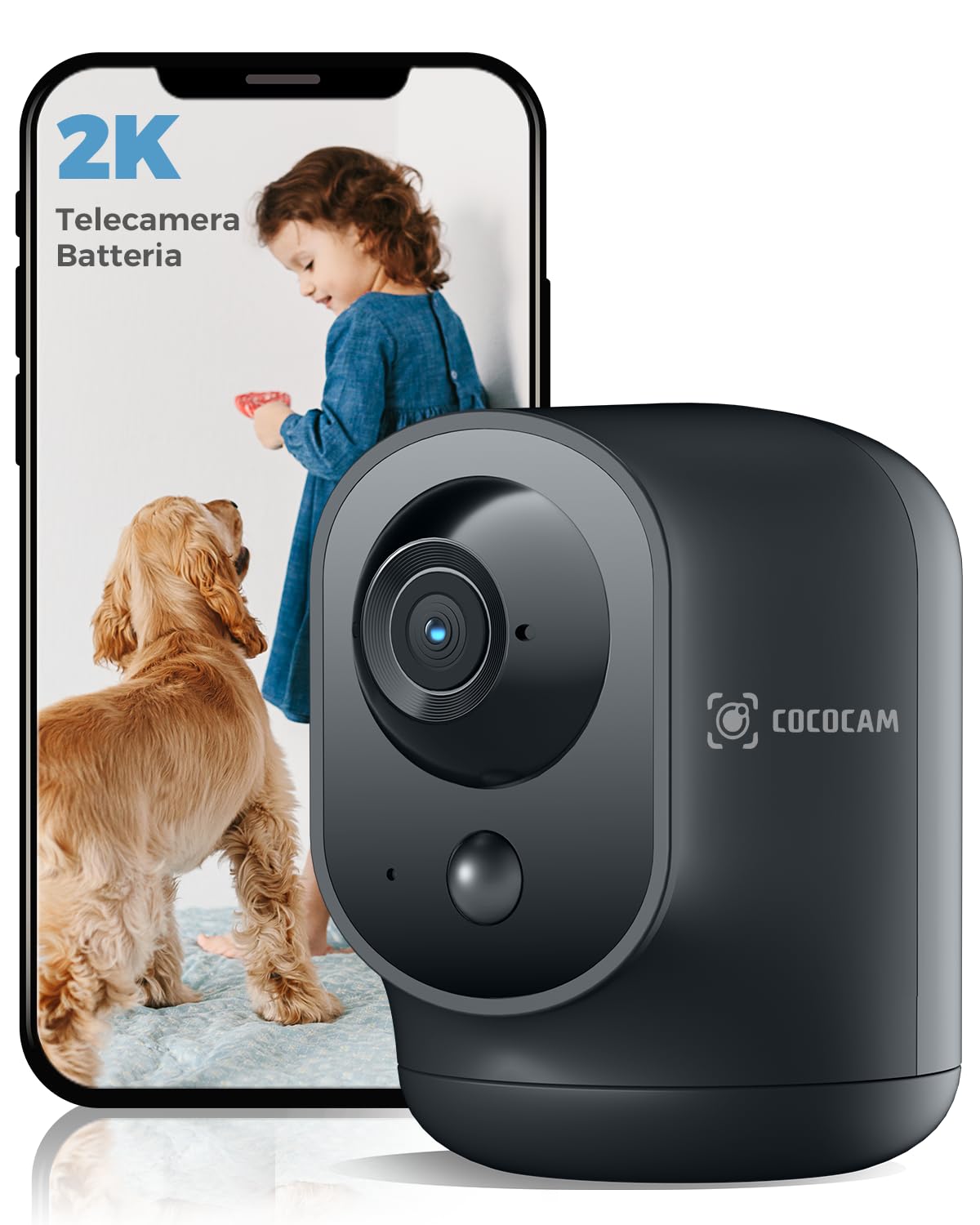 Cococam Telecamera WIFI Interno 2K con Batteria 5200mAh, Nero