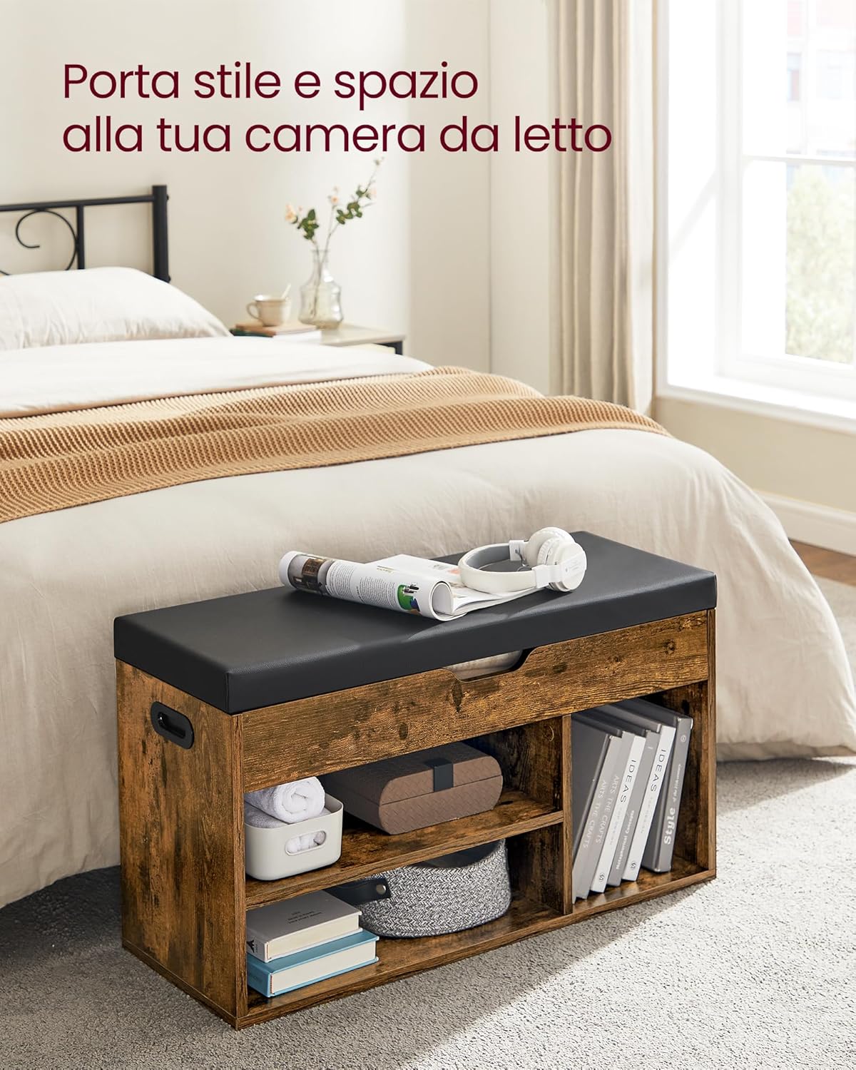 VASAGLE Scarpiera Panca Ingresso con Cuscino, Marrone Vintage - immagine 4