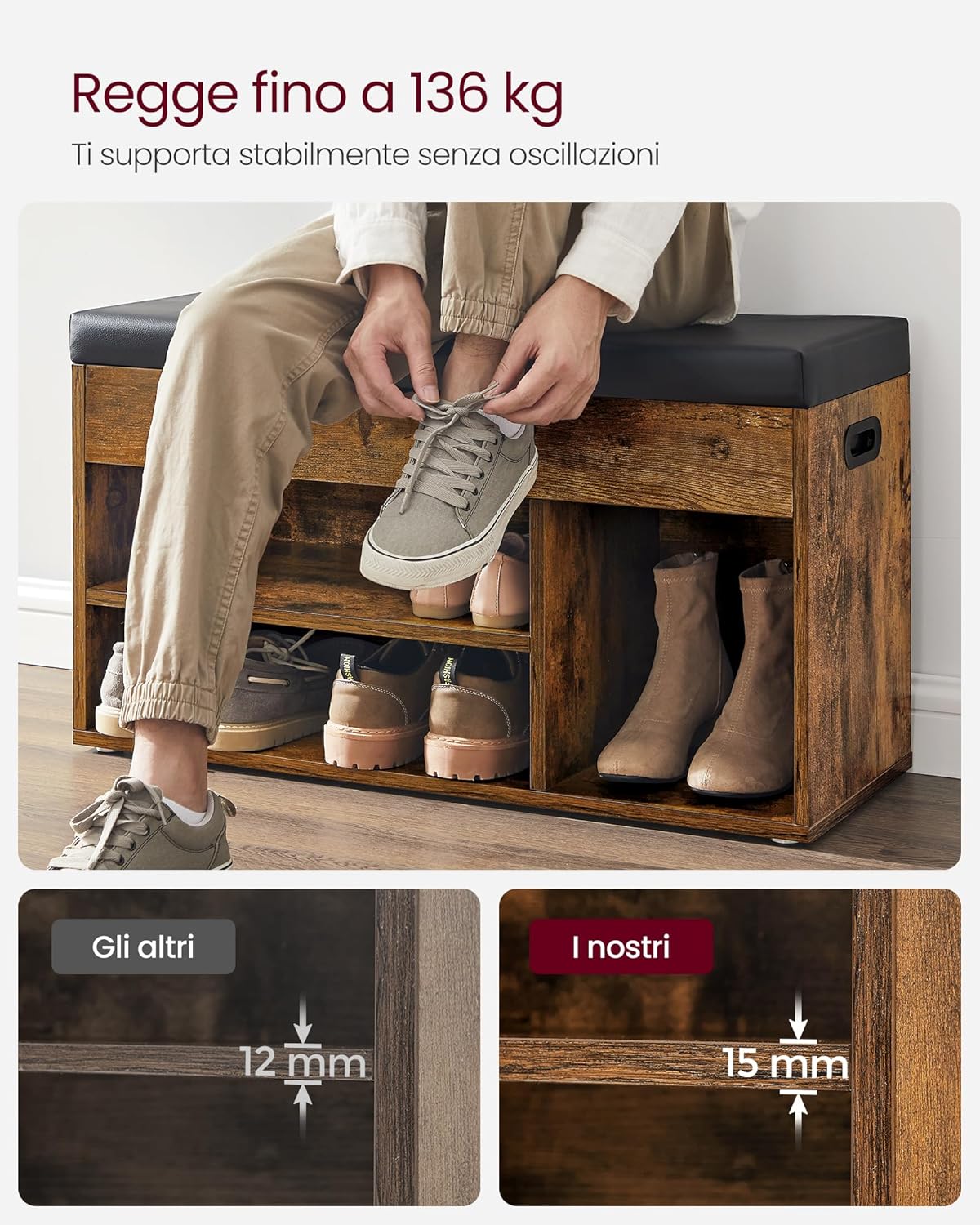 VASAGLE Scarpiera Panca Ingresso con Cuscino, Marrone Vintage - immagine 6